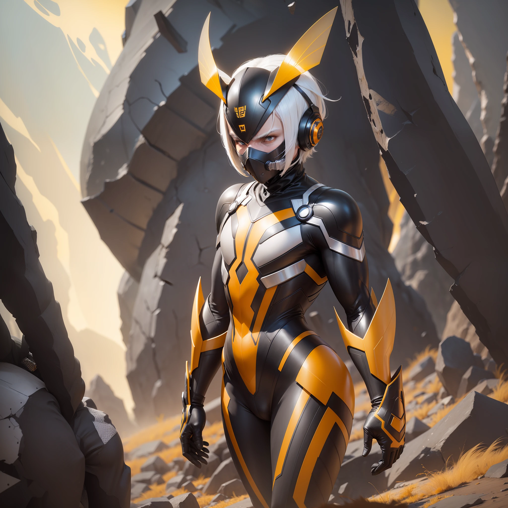 Man, black, strong, defined body, platinum hair, straight hair, wasp costume, mask covering the mouth, small wasp wings on the back, in the background a landscape in yellow and orange