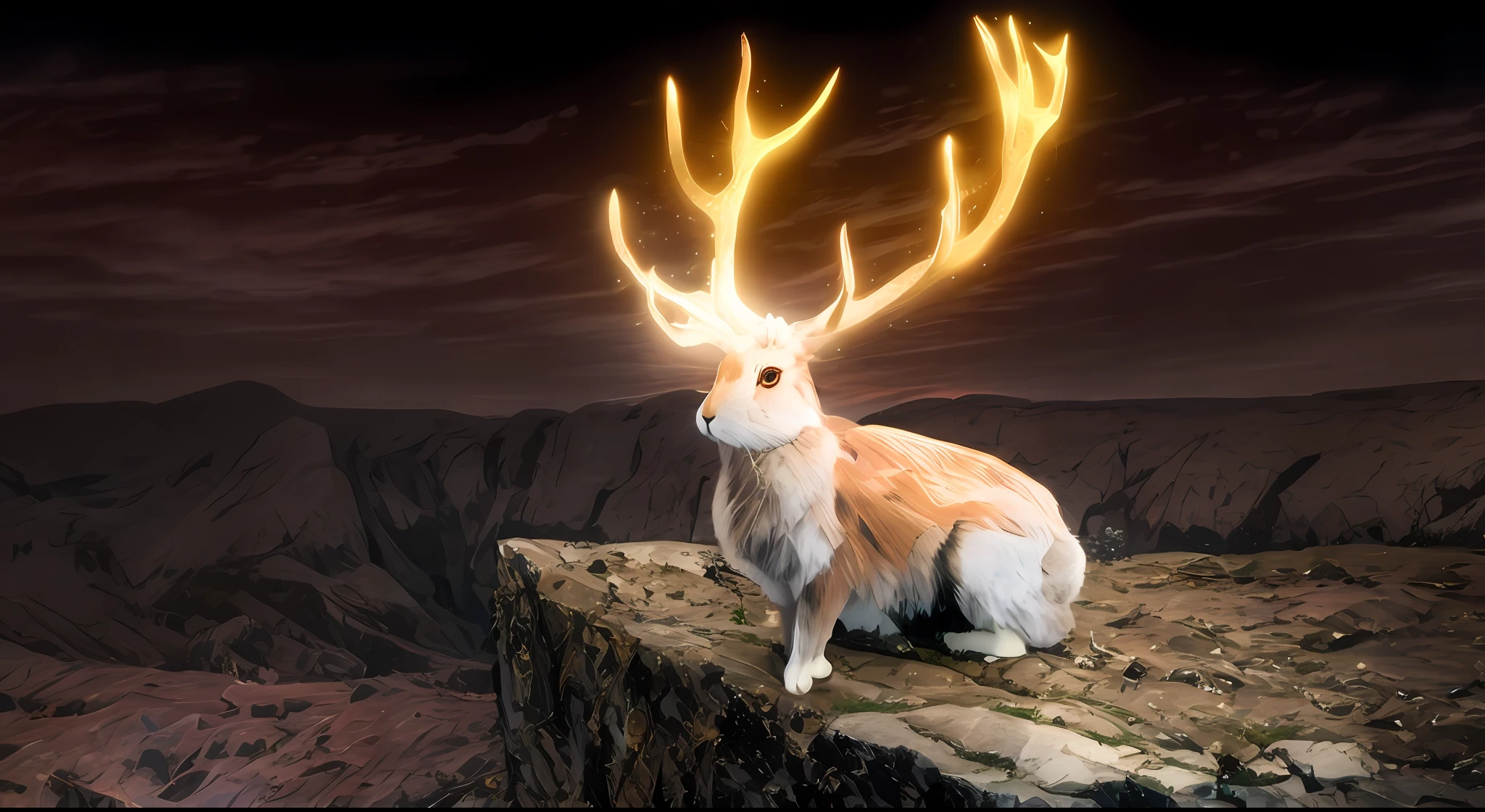 photography, rabbit, rabbit with deer antlers, rabbit on the rock, night, glowing antlers, beautiful light, bright light