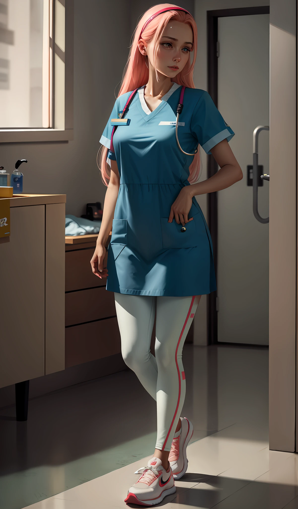 4k, realistic, very detail, there is a girl in the hospital, she is a suster, hospital theme, soft clothes, long hair, wearing legging, 25 years old, full body, wearing nike shoes