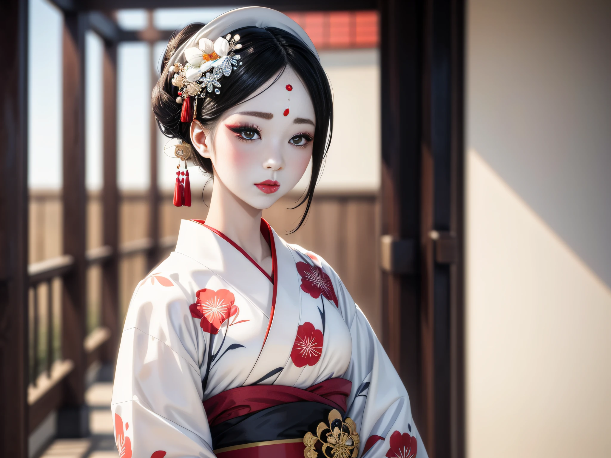 beautiful geisha, white makeup, white face, traditional, kimono, ((Top quality: 1.4)), ((Masterpiece: 1.3))