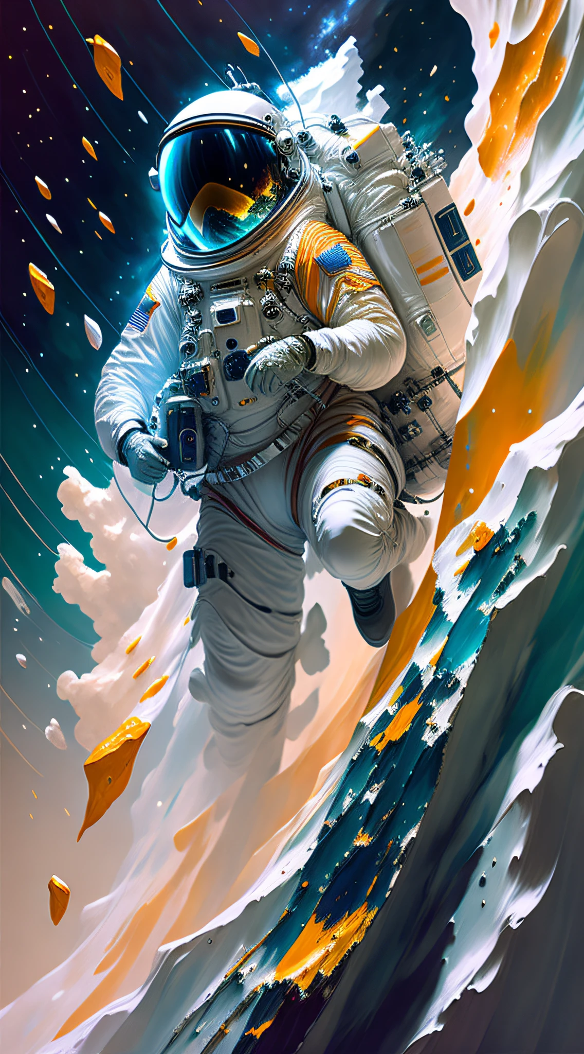 astronaut, climbing the asteroid, character render, ultra high quality model, ethereal background, abstract beauty, explosive volumetric, oil painting, heavy strokes, paint dripping --auto --s2