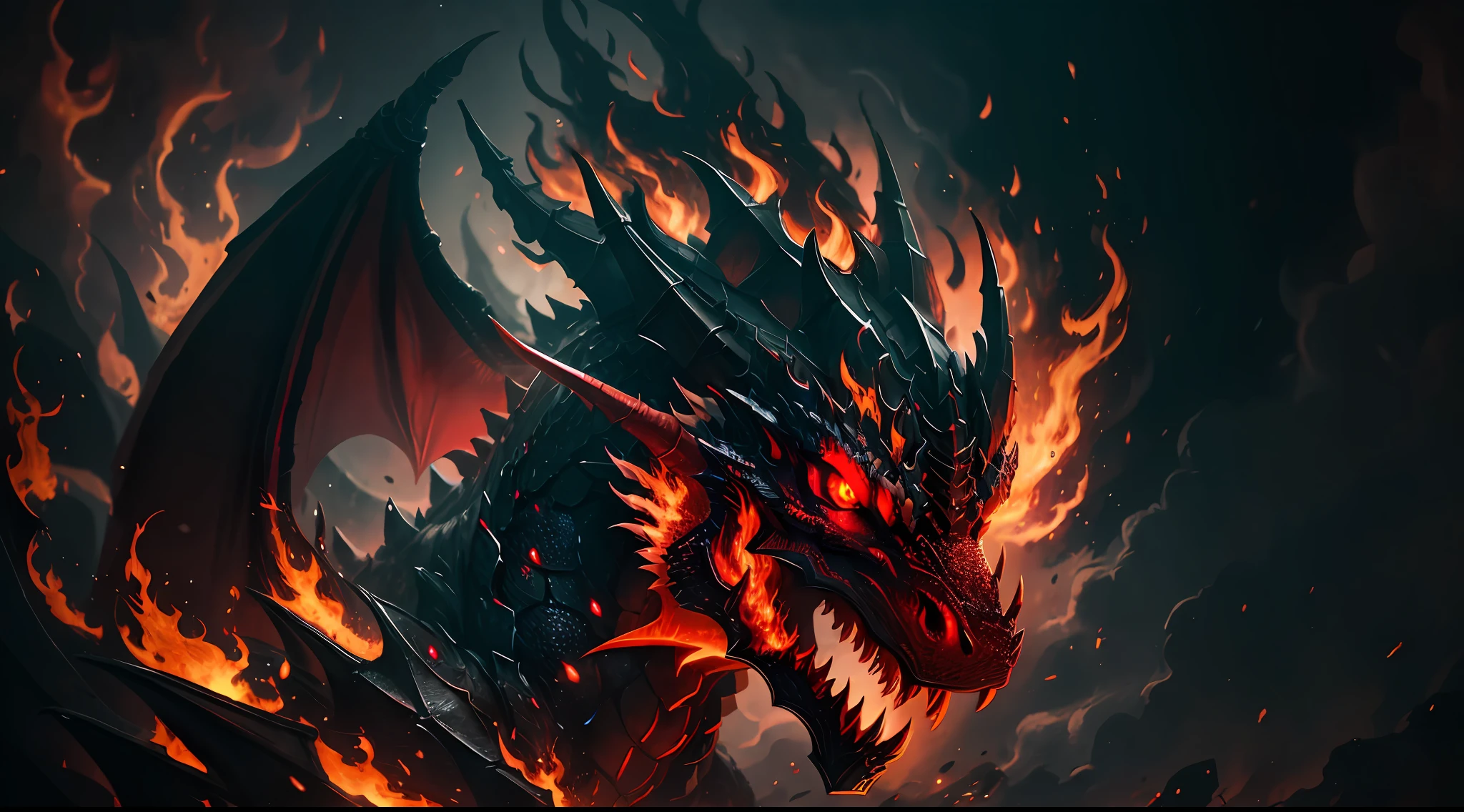 the head of a dark dragon with red eyes surrounded by fire in the night --auto --s2