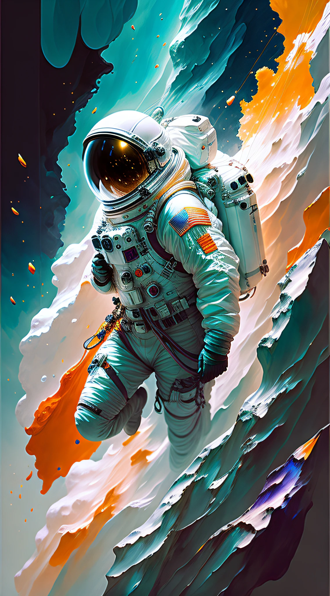 astronaut, climbing the asteroid, character render, ultra high quality model, ethereal background, abstract beauty, explosive volumetric, oil painting, heavy strokes, paint dripping --auto --s2