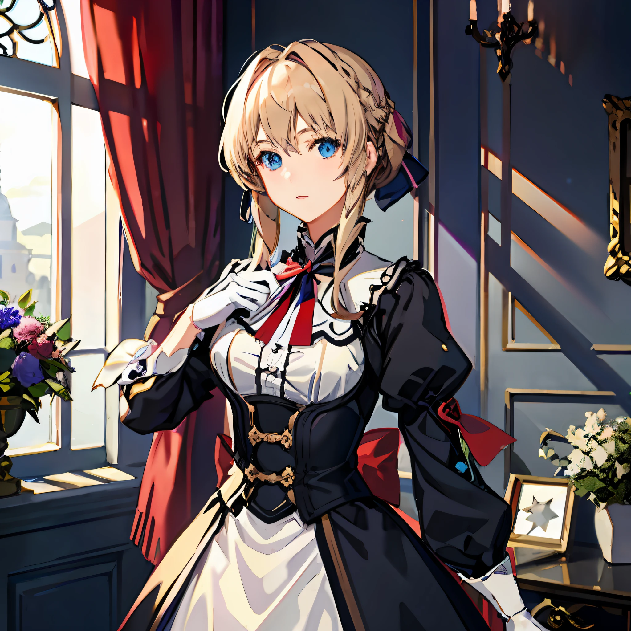 1girl, violet evergarden, red ribbon,blue eyes, blonde hair, brooch,gloves, indoors