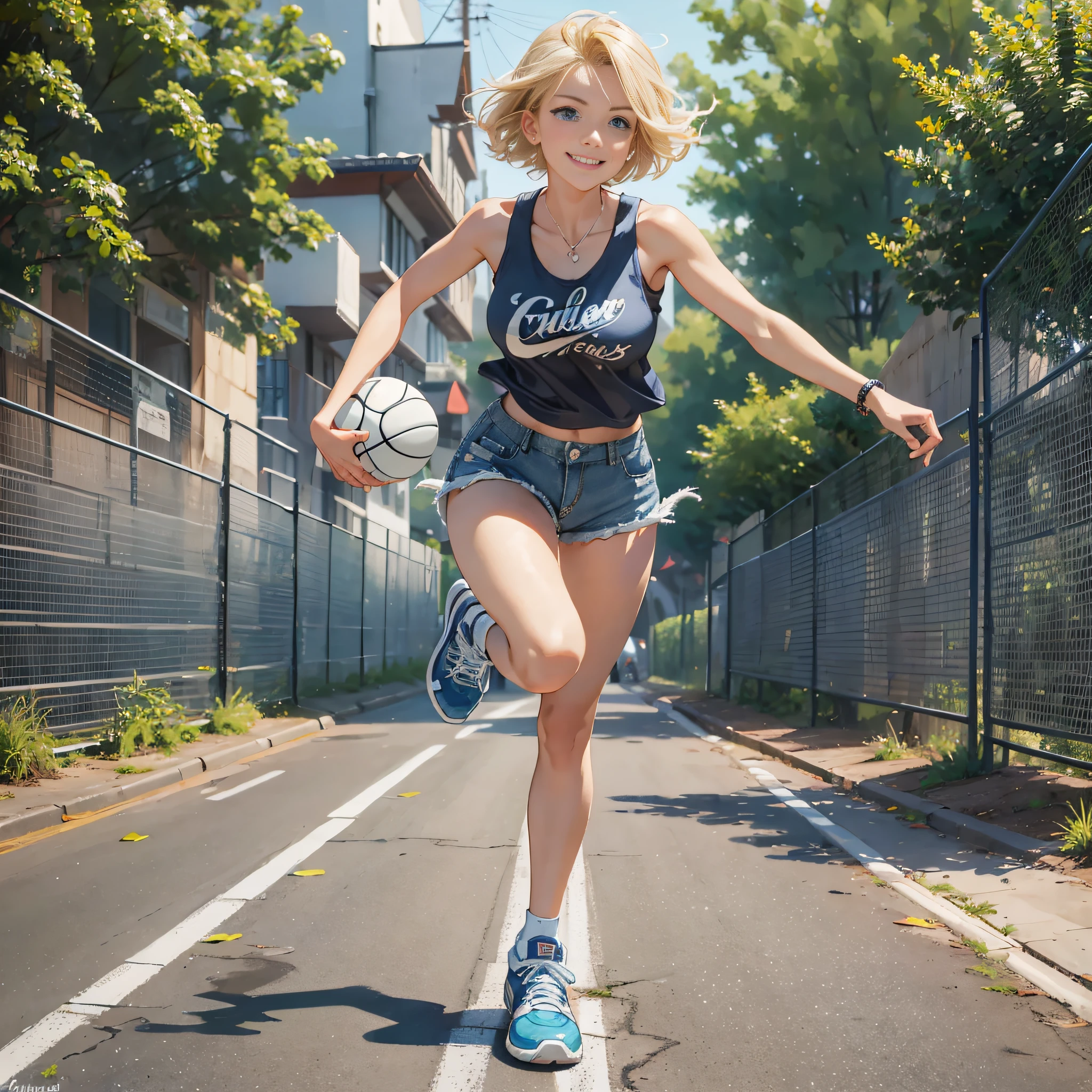 {masterpiece, best quality, extremely detailed CG, unity 8k wallpaper, cinematic lighting}}. design art, A seaside park, 1 girl, full body, A beautiful girl running on an electric scooter, She is stunningly cute, with a smile, short bob hairstyle in golden blonde, blue eyes, double eyelids, long eyelashes, long limbs, She is wearing a white tank top, distressed denim shorts, and white low-cut basketball shoes. Striking an active pose.