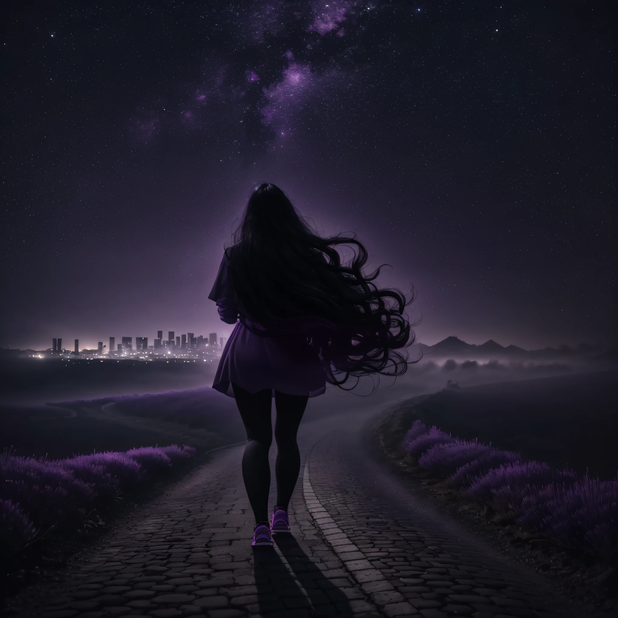 Woman walking on her back down a road at night towards a city, with fog and shadows, wavy and long black hair, high quality, ultra-detailed, 8k, masterpiece, (volumetric lighting), black magic, fanciful, lilac colors, purple, shadows and vivid on the woman's back --auto --s2