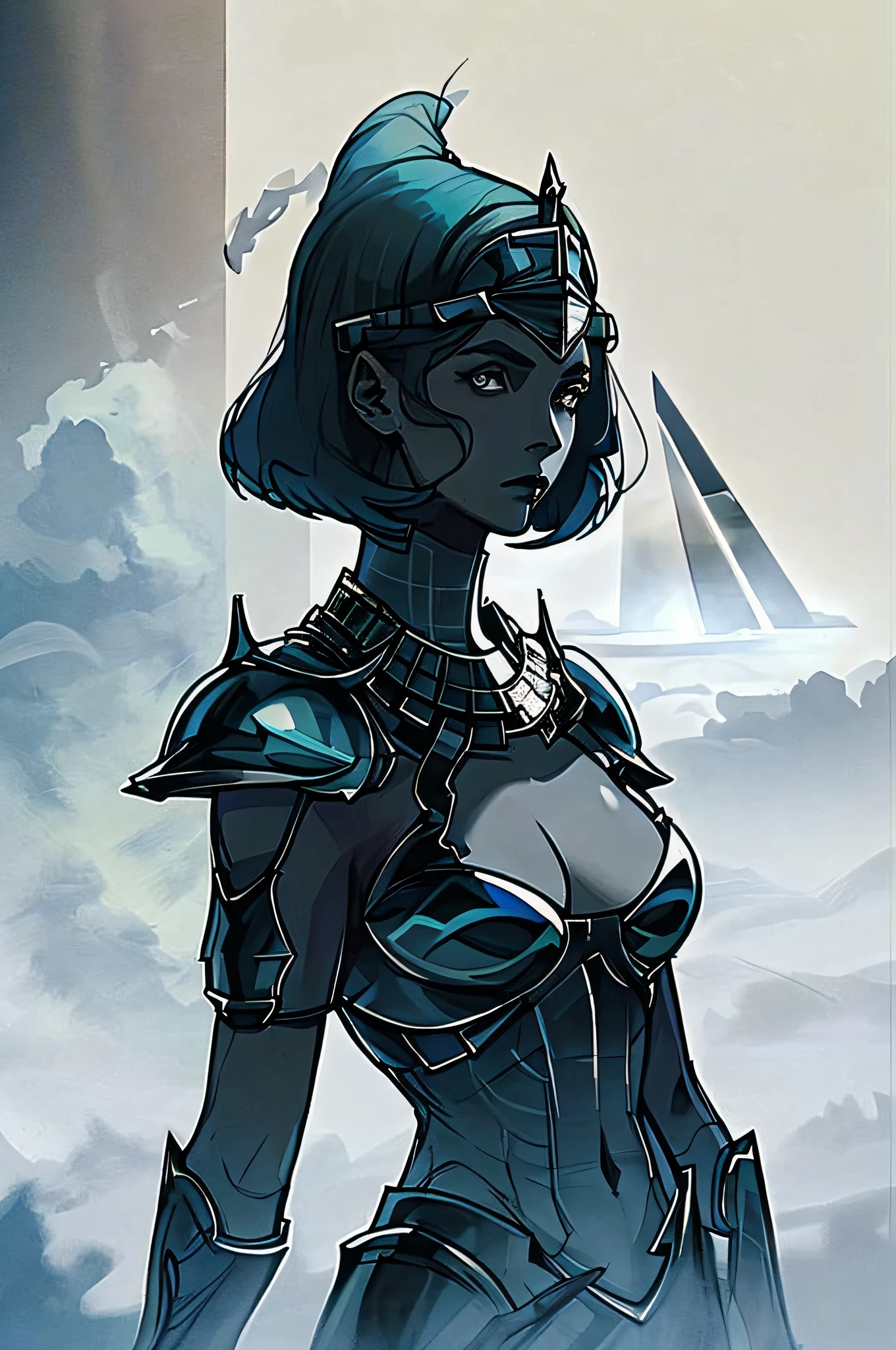 portrait of 1 beautiful woman, pale skin, blue short hair, blue lips,  armor,  pyramid, complex background, 
futuristic Egypt,  detailed,  ( ink sketch by methurlant)
high contrast, best shadow, cinematic lighting
(masterpiece, best quality:1.3),