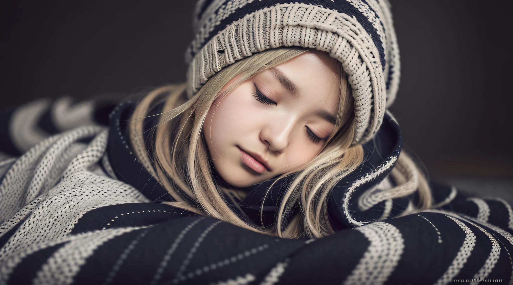 GIRL BLONDE CHILD with long hair wearing a scarf and a hat, sleepy fashion model face, sleepy, sleepy expression, Marisa Kirisame, wearing cute black scarf, prettier, sleeping, sick with a cold, Lalisa Manobal, Misa Amane*, very tired woman, sleeping, Takeyuki Kanda, Lalisa Manoban of blackpink