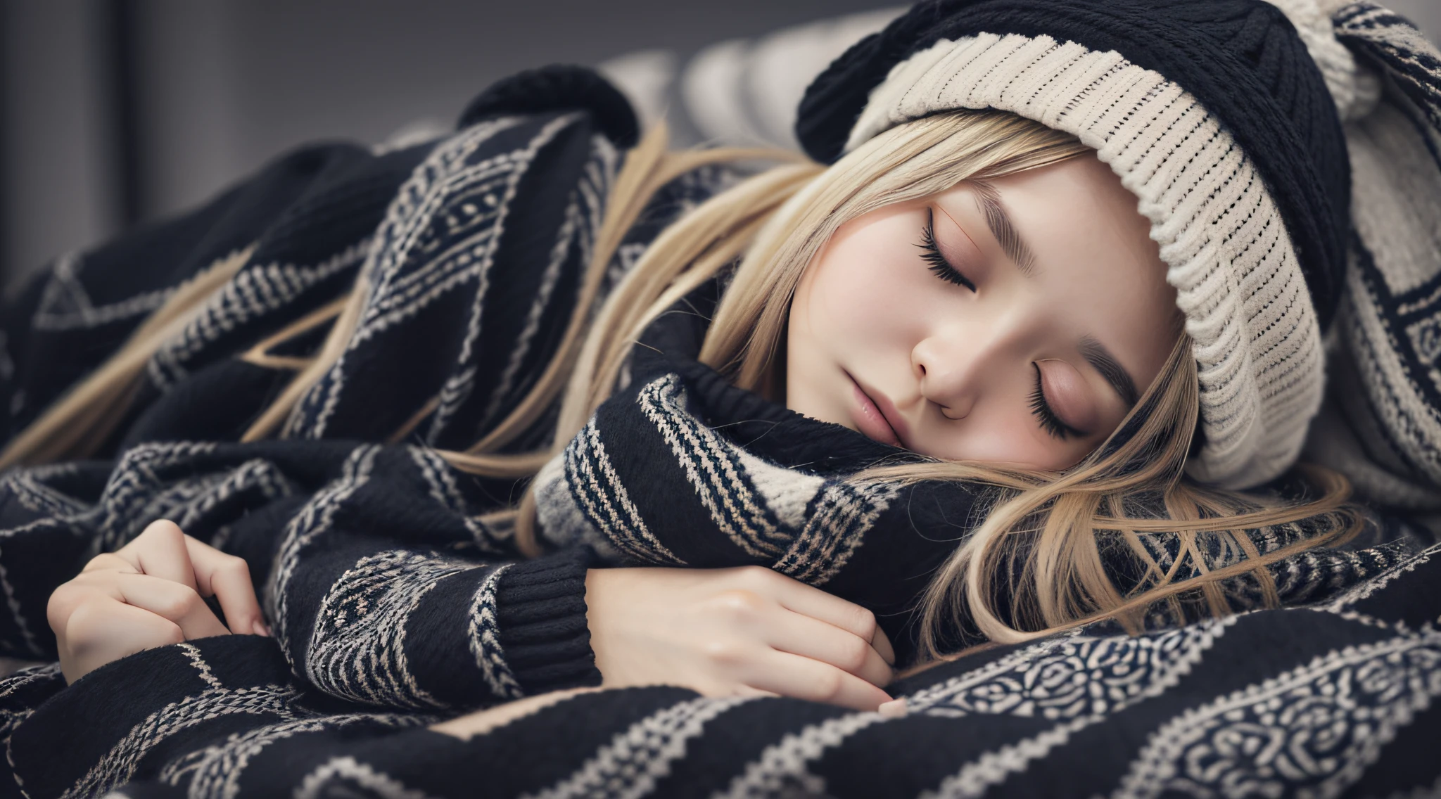 GIRL BLONDE CHILD with long hair wearing a scarf and a hat, sleepy fashion model face, sleepy, sleepy expression, Marisa Kirisame, wearing cute black scarf, prettier, sleeping, sick with a cold, Lalisa Manobal, Misa Amane*, very tired woman, sleeping, Takeyuki Kanda, Lalisa Manoban of blackpink