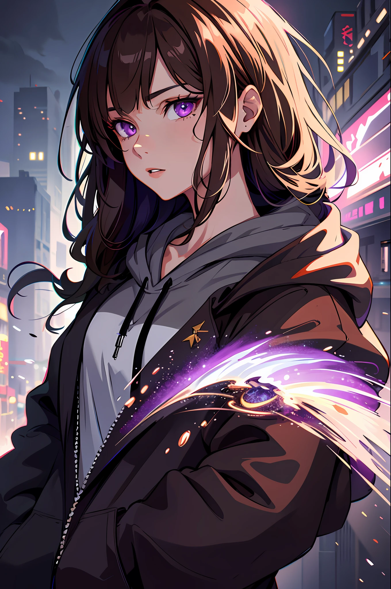 highres, highest quallity, illustration,  ultra detailed, (detailed face), (detailed eyes), cinematic lighting, best quality, hyper detailed, masterpiece, fine lines, 1girl, solo, brown hair, grey hoodie, purple eyes