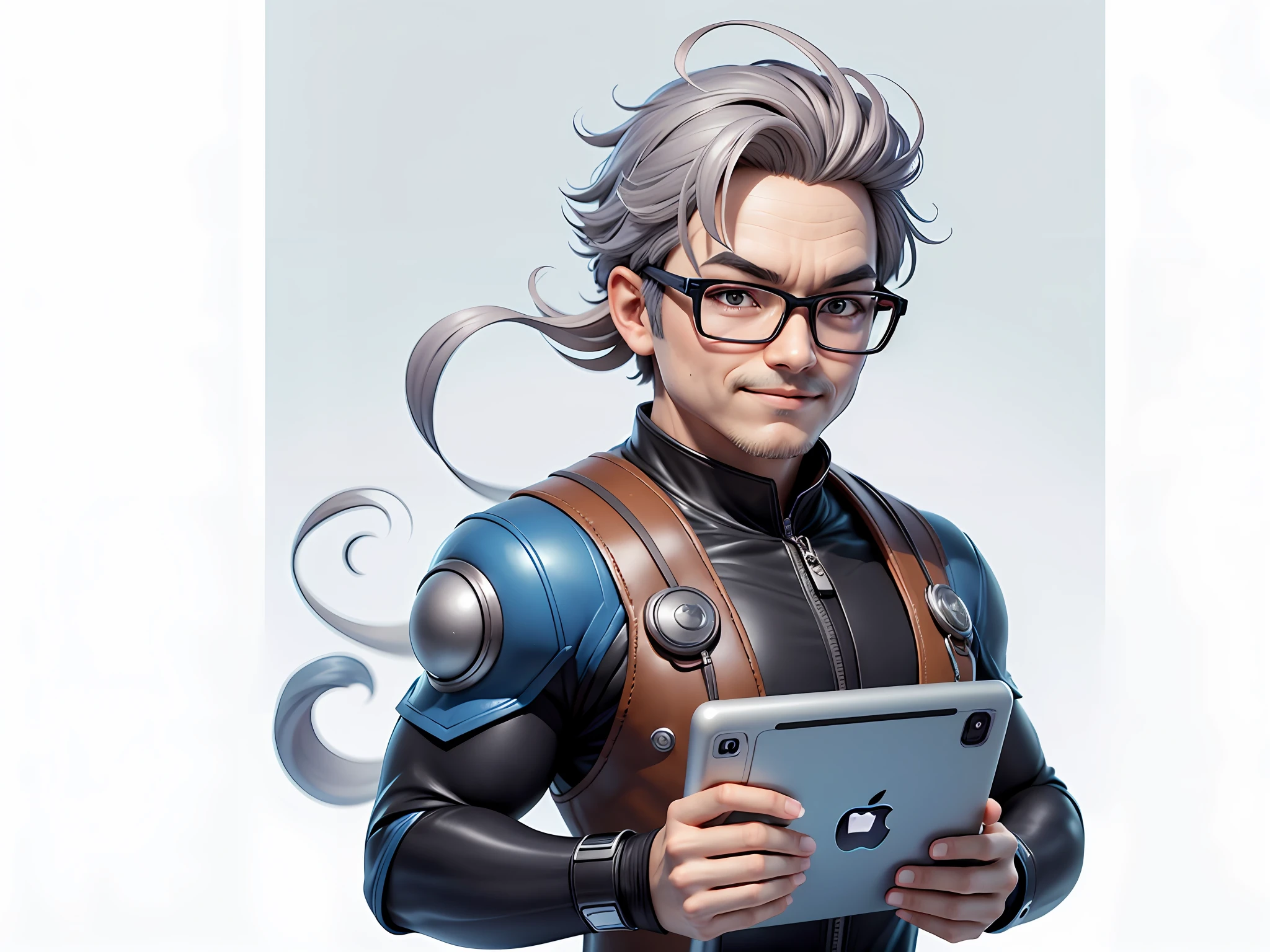 Masterpiece), (Excellent), (Super Meticulous), (Full Body: 1.2), Super Young Woman, Beautiful, Sexy, Bursting, Oriental Face, TV Anchor, Bust Portrait Illustration, Alone, Black Suit, Blue Tie, Silver Glasses, Slightly Chubby Face, Very Clean Face, No Beard, Black Super Short Hair, Black Eyes, Confident Smile, 3c Computer Sub-Products, iPad, iPhone, Digital Painting, 3D Character Design by Akira Toriyama with Mark Claireden and Pixar and Hayao Miyazaki, The illustration is a high-definition illustration in 4K resolution with very detailed facial features and cartoon-style visuals.