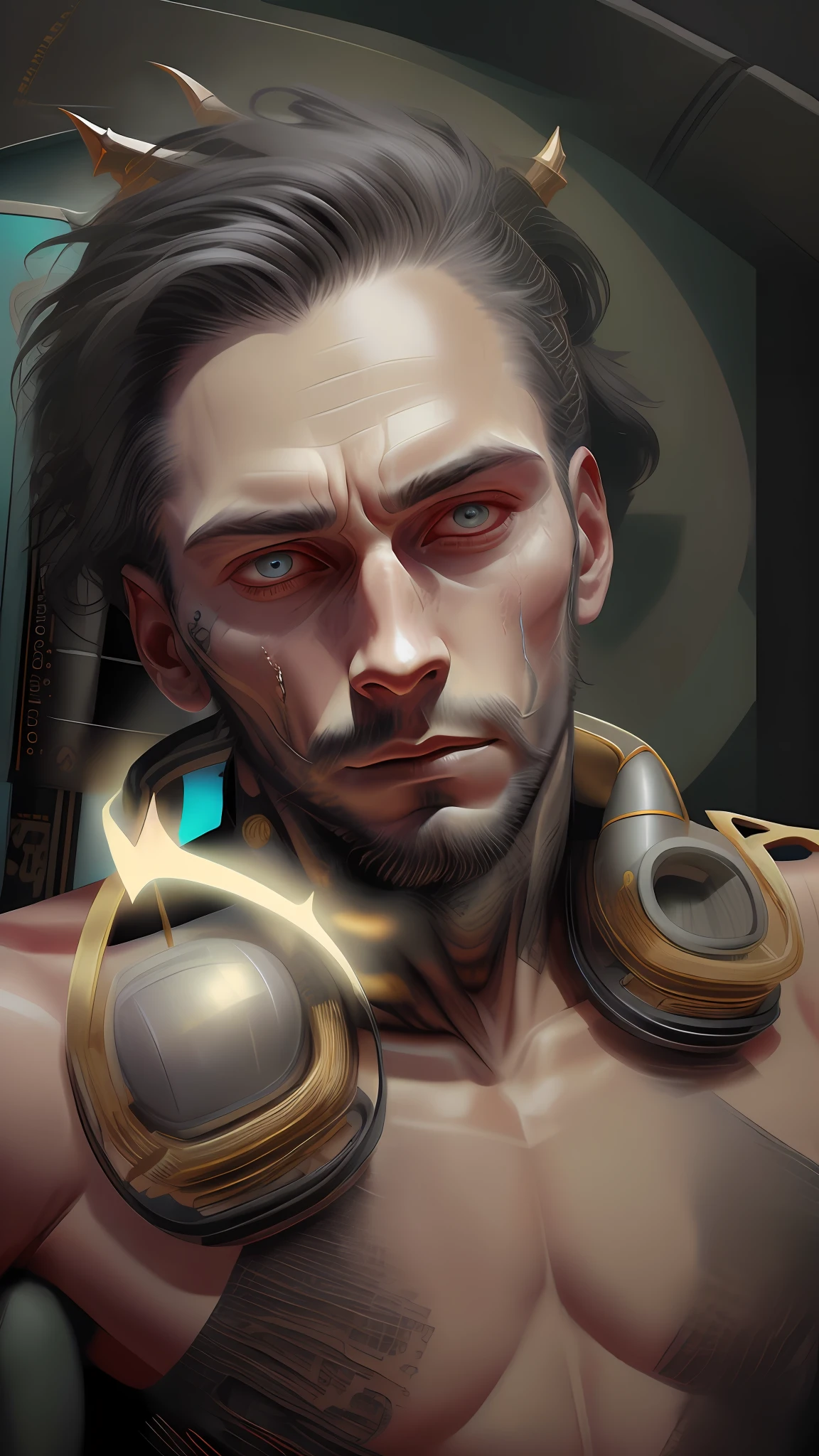 A dark angel of death in the range of 27 years of age, barbaric muscular stereotype, with demon horns(mechanical parts of a demonic angel: 1.5), fighting, gloomy glowing neon eyes, Nordic hair with demonic horns, tight supersuit torn, in a destroyed city, smoke and fire, aura of brilliant power, dynamic pose, dynamic vision, hyper detailed, 8k quality, with tattoo on the arm, demonic symbols clock on the headset, merge, hyper realism, with thorns coat of arms viking.Com gray goatee and gray hair, blood dripping on the face. Neo bright, neo lights on the phone, with angel wings behind, Satanist symbols