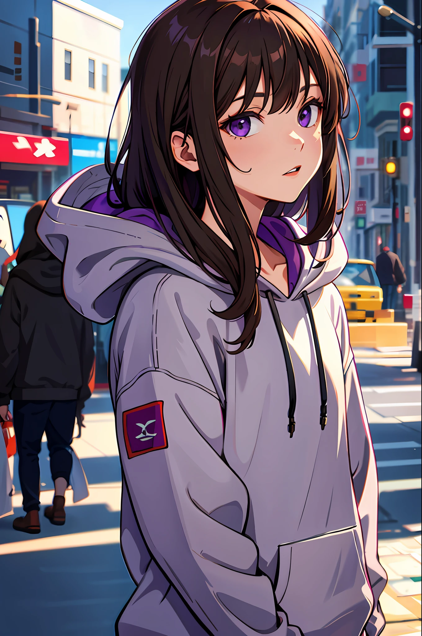 highres, highest quallity, illustration, grey hoodie, brown hair, purple eyes