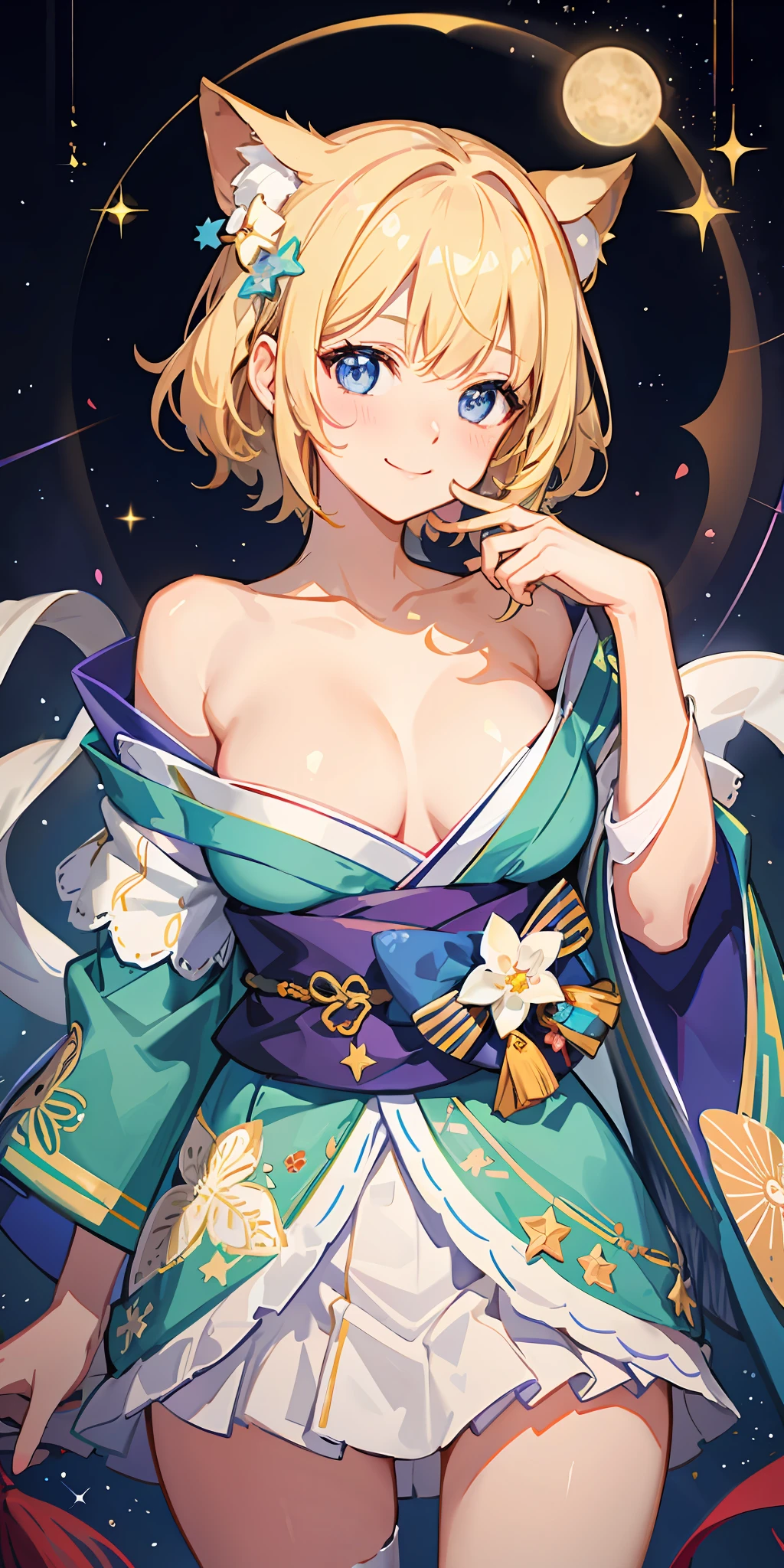 1girl, bright, blonde, light blue eyes, heart motif, star, moon, short hair, uniform bangs, multicolored hair, princess, saleme, side lights, particles of light, wallpaper, big, plump, idol, wonderful costume, kimono, kimono, yukata, loose dress, shoulder out, ha, chest, cleavage, sexy, loose fluffy, smile, gentle, clear, ,