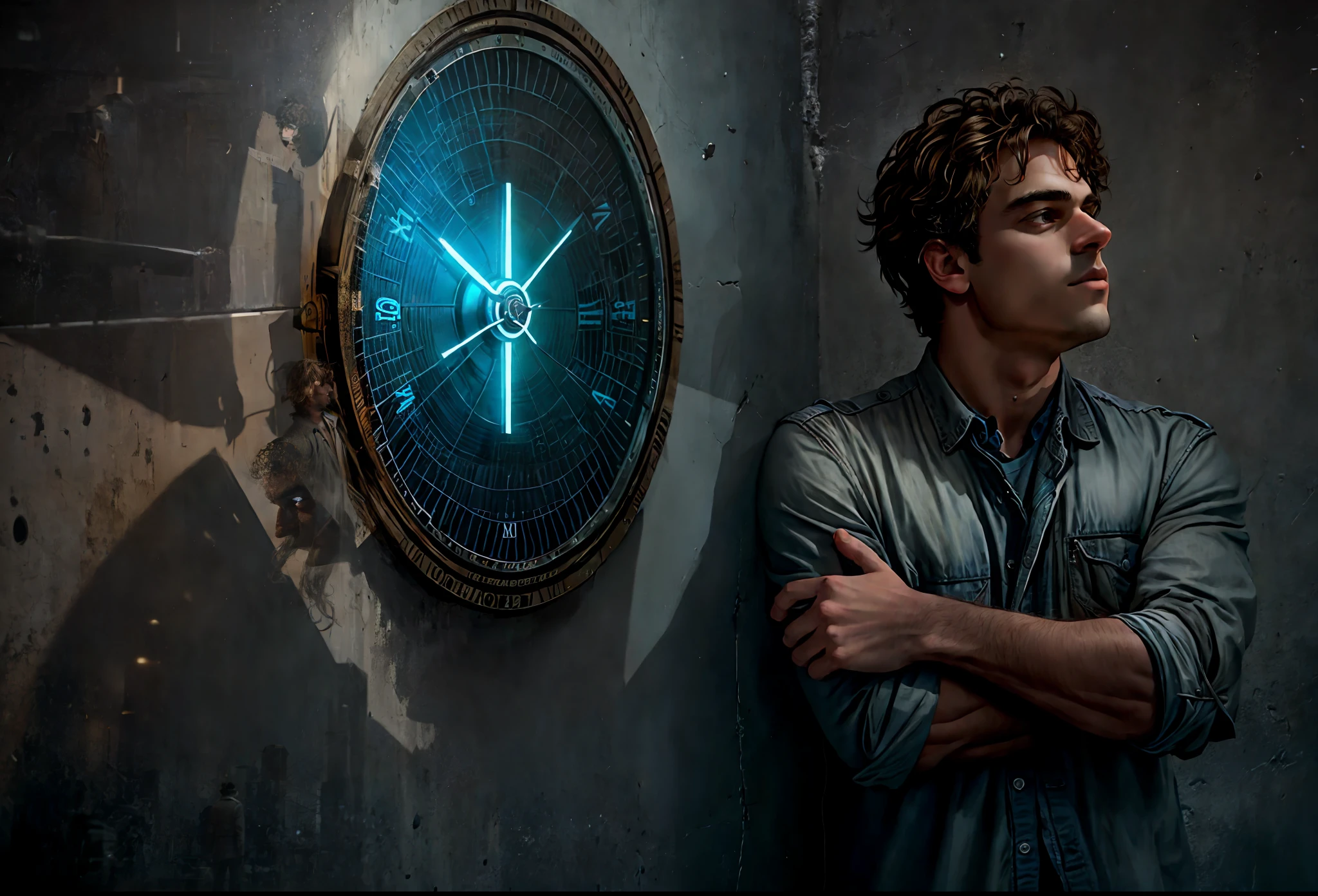 arafed man standing in front of a wall with a clock on it, promo art, promo shot, promo image, poster shot, stood inside a futuristic lab, by Eric de Kolb, by Adam Marczyński, by Max Dauthendey, iconic shot, fan art, a portrait of @hypnos_onc, douglas smith --auto --s2