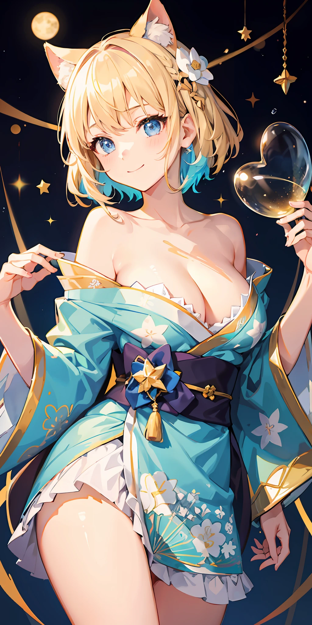 1girl, bright, blonde, light blue eyes, heart motif, star, moon, short hair, uniform bangs, multicolored hair, princess, saleme, side lights, particles of light, wallpaper, big, plump, idol, wonderful costume, kimono, kimono, yukata, loose dress, shoulder out, ha, chest, cleavage, sexy, loose fluffy, smile, gentle, clear, ,