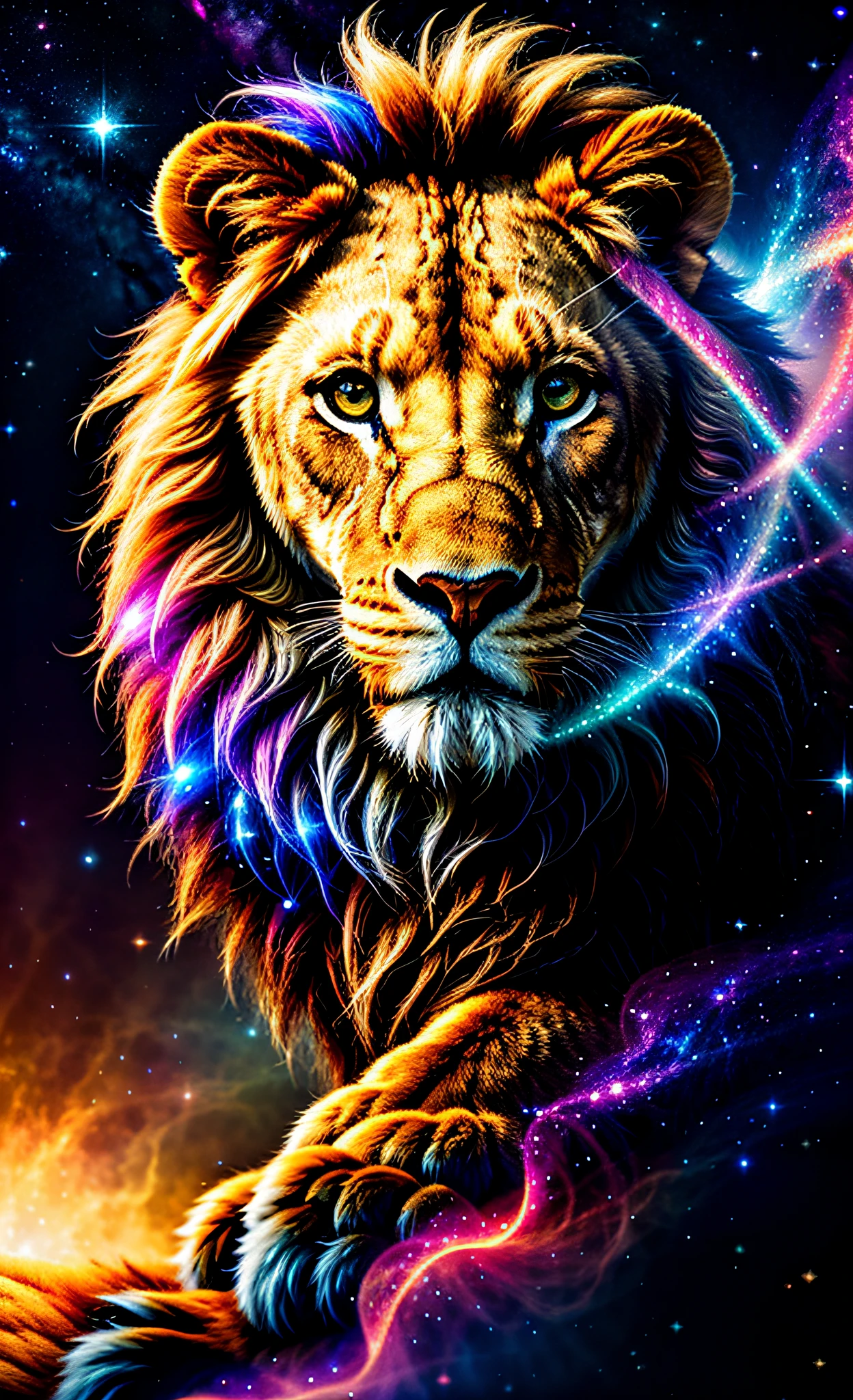 a photograph Galaxies, spirals, space, nebulae, stars, smoke, iridescent, intricate detail, in the shape of a lion, octane rendering, 8k hyper realistic, realistic texture, unreal natural lighting engine, cinestill 800, (35mm lens)