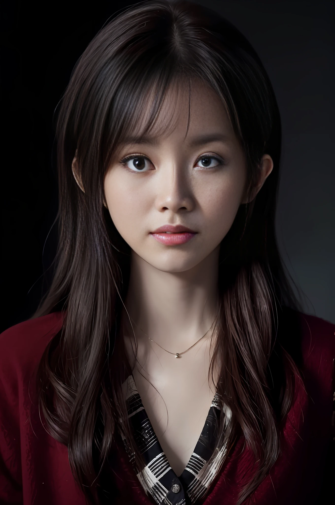 Araped image of a woman with long hair and a white sweater, realistic. Cheng Yi, Gentle Portrait 8K, Realistic Portrait, Beautiful Realistic Face, Realistic Young Anime Girl, Realistic Animation, Kawaii Realistic Portrait, Realistic Beautiful Face, 8K Portrait Rendering, High Quality Portrait, Cool Animated Face Portrait, Realistic Beautiful Face, Realistic Person, Necklace