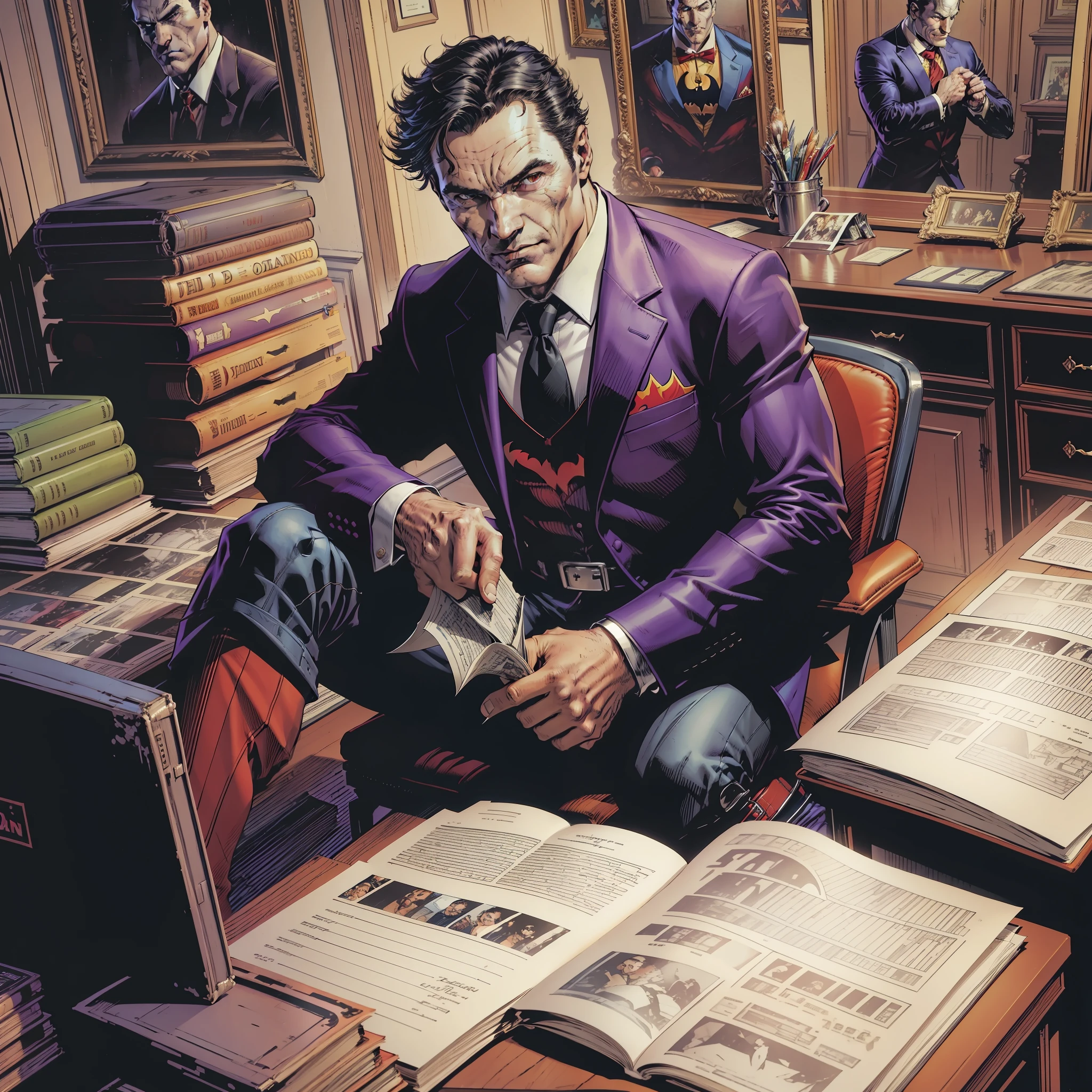 red social suit,black tie,black belt,black calsa,black shoe,psychopath smile,sitting in a chair,in front of him a desk full of documents,scenery of a writing,angle showing all office,dc comics art style, raymond swanland style, neal Adams | centered, by Arthur Pan, by Galen Dara, epic comic book style, by Ignacio Zuloaga, jason fabok. Greg Staples, Batman as the Joker, Artgerm Greg Rutkowski -seed892578542