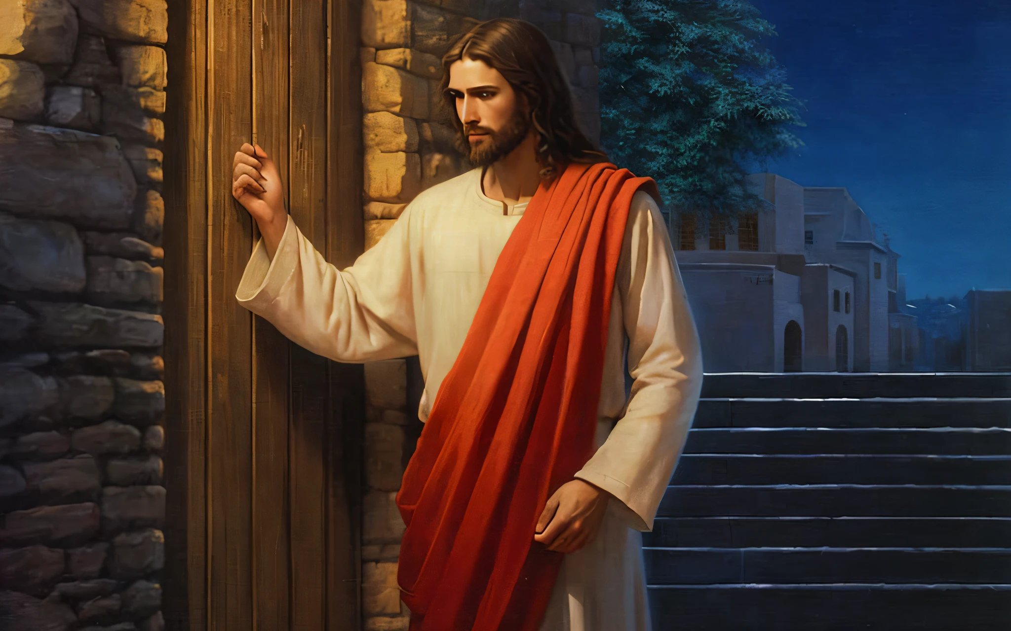 jesus standing in front of a doorway with a red scarf, greg olsen, he is greeting you warmly, jesus christ, the lord and savior, by Carl Heinrich Bloch, by Thomas Blackshear, by Scott Gustafson, jesus of nazareth, portrait of jesus christ, dressed like jesus christ, by Antonio Ciseri, by Harrington Mann, by Harold von Schmidt