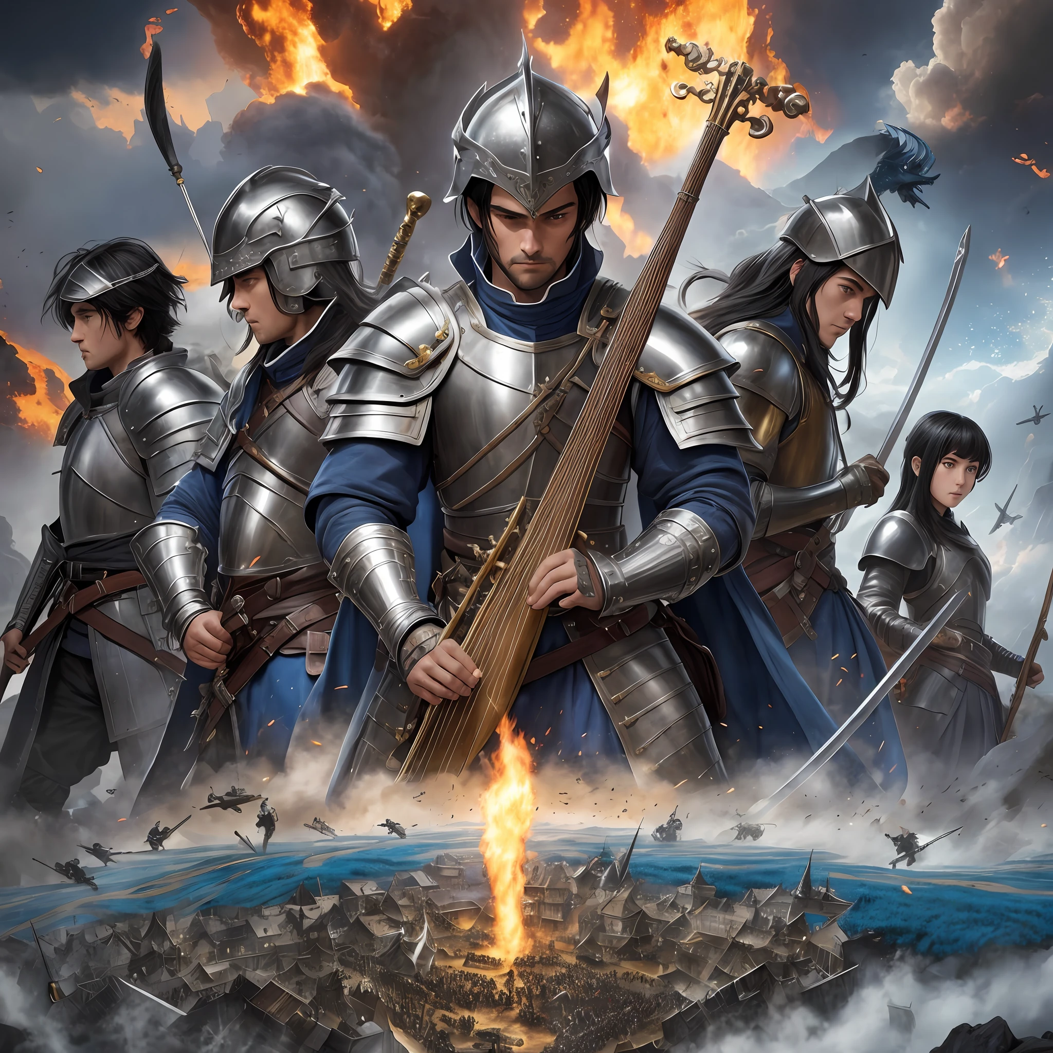 (masterpiece), (best quality), (detailed), ( panoramic view) atmospheric medieval battlefield filled with soldiers with a bard( black hair, blue wool clothing, holding lute,) and a blue dragon background following the bard, diverse variety of weapons and armor, war-torn scene, brave knights in golden armor, exceptional detail and complexity, dramatic lighting, cinematic and epic composition, 4K high-resolution image capturing the greatness and intensity of the conflict --auto --s2