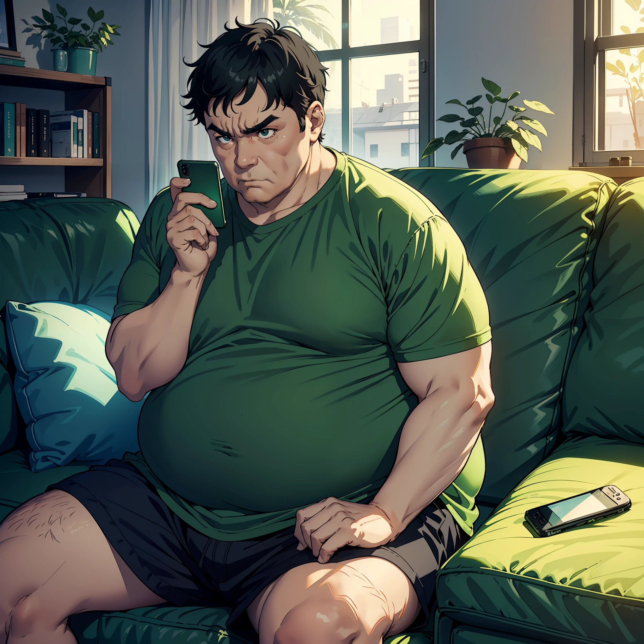 A middle-aged man with green T-shirt and short black hair, (obesity: 1.5), (holding a mobile phone: 1.5), with an angry expression, sitting on the sofa, in the room