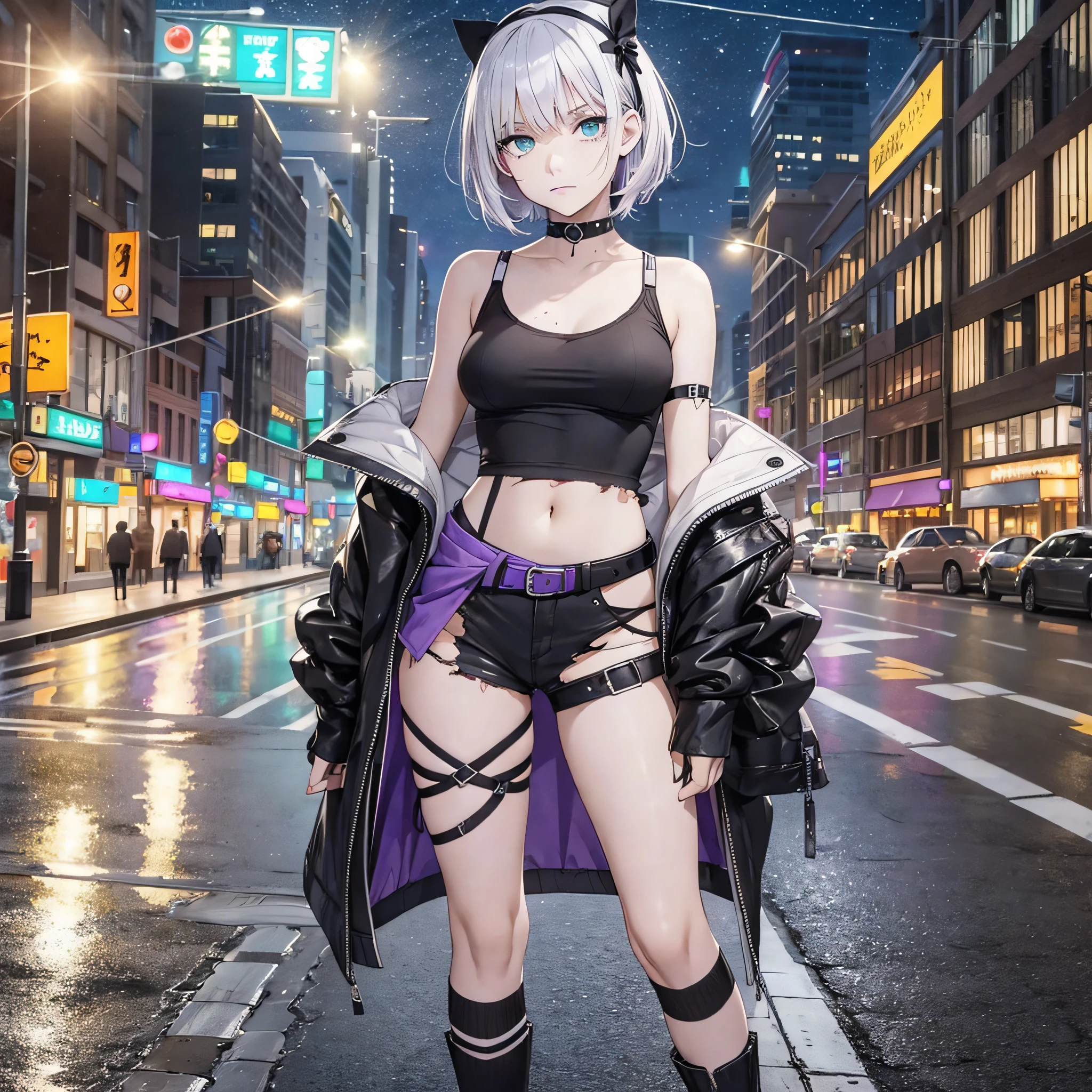 solo, 1girl, short white hair, light green eyes, mole under mouth, goth girl, gothic makeup, (gothic), (purple lips), black hair band, choker, short naked single-shoulder shirt, short top, short sleeves, navel, torn black shorts, asymmetrical socks, irregular socks, half drag, silver boots, standing, hand on hip, expressionless, look away, city, sidewalk, city lights, night, night sky, outdoors, full body, --auto --s2
