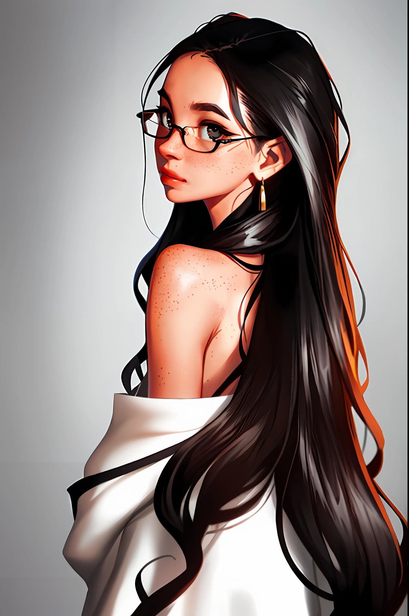 Sam Yang, 1girl, back, bare shoulders, black eyes, dark circles, dark hair, eyeglasses, earrings, freckles, jewelry, lips, long hair, looking at viewer, looking back, necklace, off shoulder, lips half-open, portrait, day, depth of field, solo, ((masterpiece))