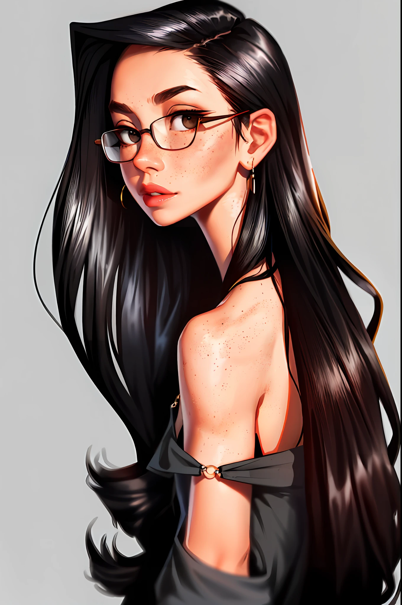 Sam Yang, 1girl, back, bare shoulders, black eyes, dark circles, dark hair, eyeglasses, earrings, freckles, jewelry, lips, long hair, looking at viewer, looking back, necklace, off shoulder, lips half-open, portrait, day, depth of field, solo, ((masterpiece))