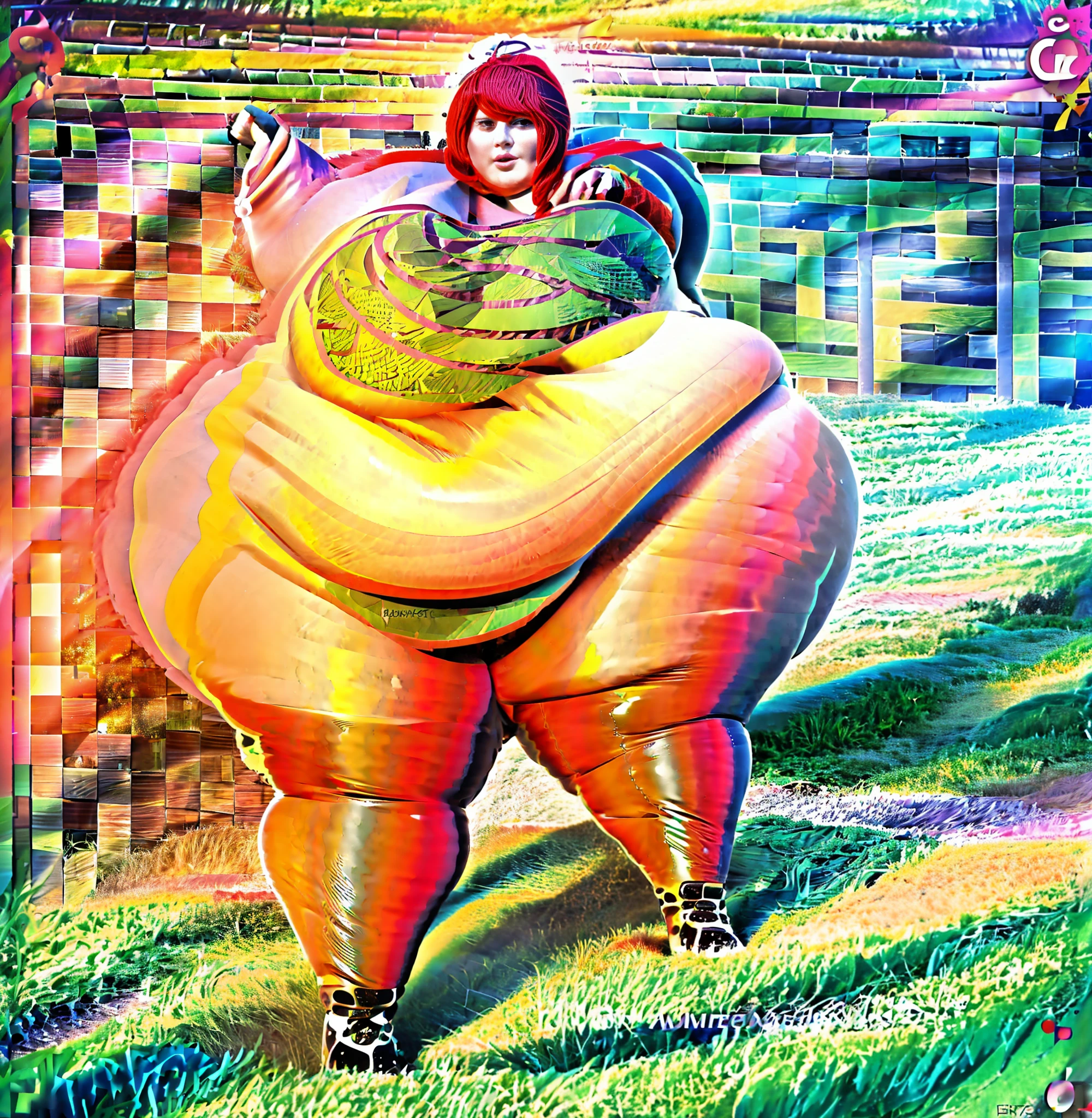 a anime drawing of a fat man with a giant sword n his hand, thicc, full body portrait of , fullbody commission for, thicc build, commission for high res, thick black lineart, he , cel shaded!!!, oc commission, it, full body close-up shot Single Subject!!, background (( grassy plains )) . Insanely obese!! (Giant,Fat, round, belly)), ,(( Giant double wide hips)), ((giant fat round butt), (( giant, round, fat thighs)) , Proportionally large and fat arms and Legs!!, Giant Fat breast, fat chubby cheeks, Fat face, multiple chins, , masterpiece!!, full body!! , Expression(angry, frowning) pose, (legs Spread out ), Diluc from Genshin impact,(( Red hair))
