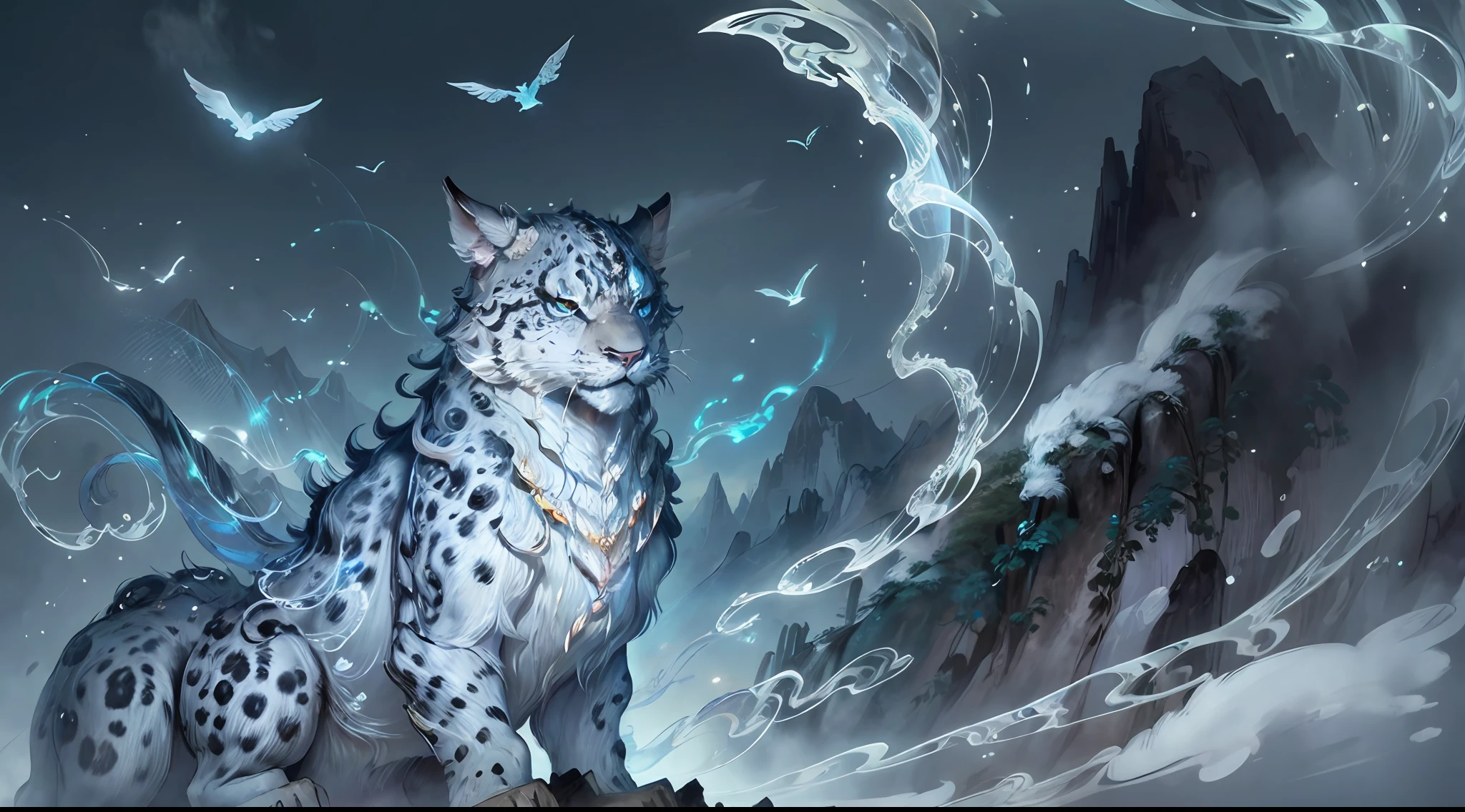 (high quality), ray tracking, epic landscape, monster, glowing, ink painting, Mythical creatures, 
an animal, (close-up:1.2), (snow leopard:0.5), (mengji:1.2), beautiful eyes, (snow mountain:0.7), (ice:0.9), dream background,