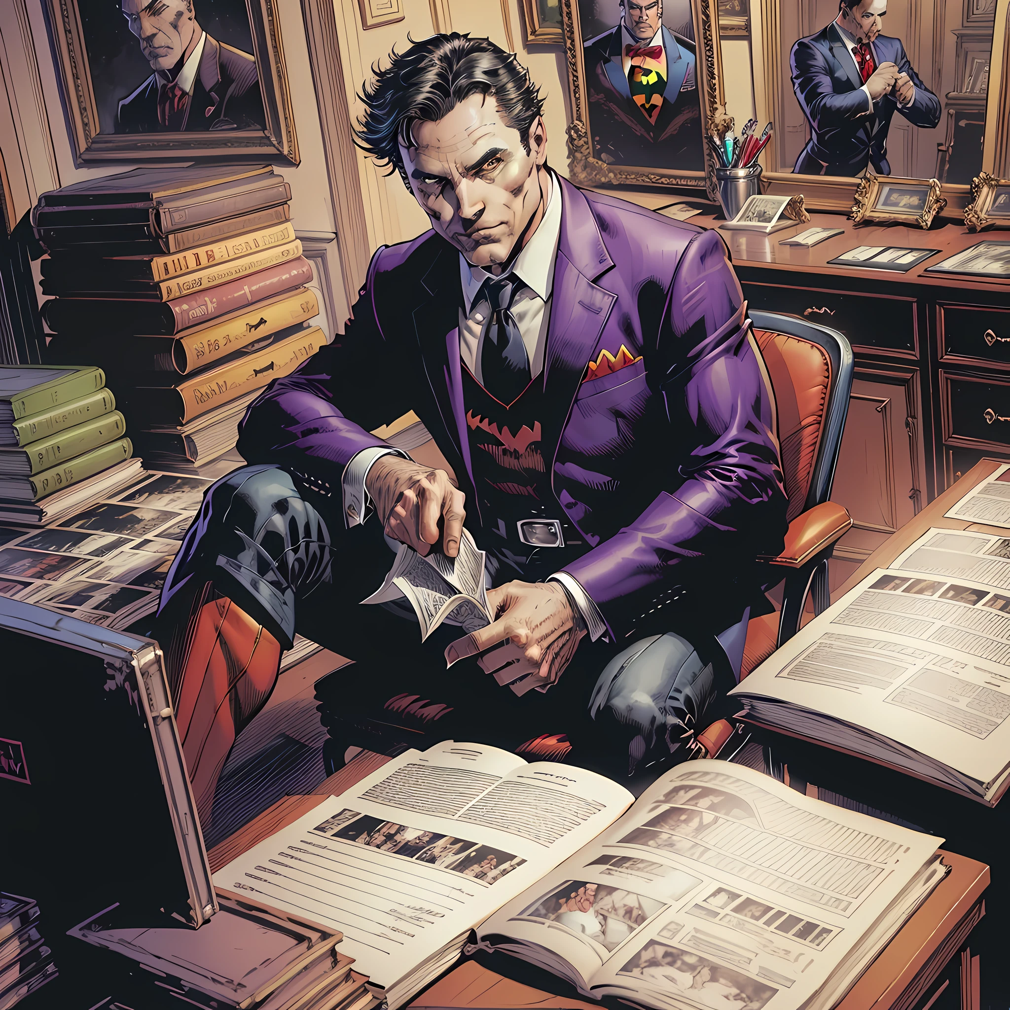 batman sitting in a chair with a book and a glass of wine, dc comics art style, portrait of the joker, portrait of joker, in batman comic book, ben shapiro as the joker, dc art, batman as the joker, jason fabok. greg staples, neal adams | portrait, joker, textless, lee bermejo, hq artwork