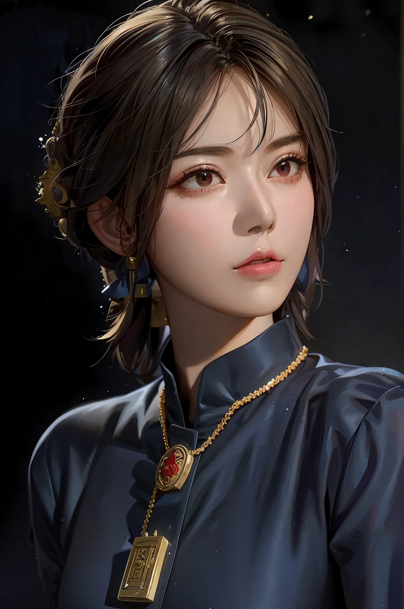 (palace background, Chinese style painting style), prominent (my heroine, wearing Hanfu, with a blue shirt), close-up face and necklace, looks like (Gu An + Yunling + Yan Fang + Chen Lu + Chen Xintong + Zhan Ziqian), with black silk, leaving a little dark tone, moderate brightness.