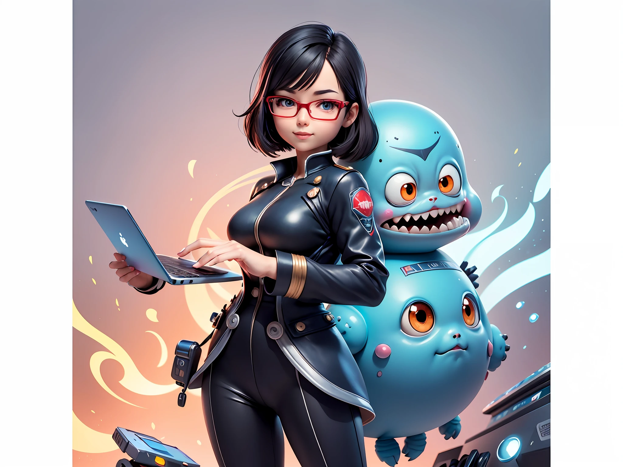 Masterpiece), (Excellent), (Super Meticulous), (Full Body: 1.2), Super Young Woman, Beautiful, Sexy, Bursting, Oriental Face, TV Anchor, Bust Portrait Illustration, Alone, Black Suit, Blue Tie, Silver Glasses, Slightly Chubby Face, Very Clean Face, No Beard, Black Super Short Hair, Black Eyes, Confident Smile, 3c Computer Sub-Products, iPad, iPhone, Digital Painting, 3D Character Design by Akira Toriyama with Mark Claireden and Pixar and Hayao Miyazaki, The illustration is a high-definition illustration in 4K resolution with very detailed facial features and cartoon-style visuals.