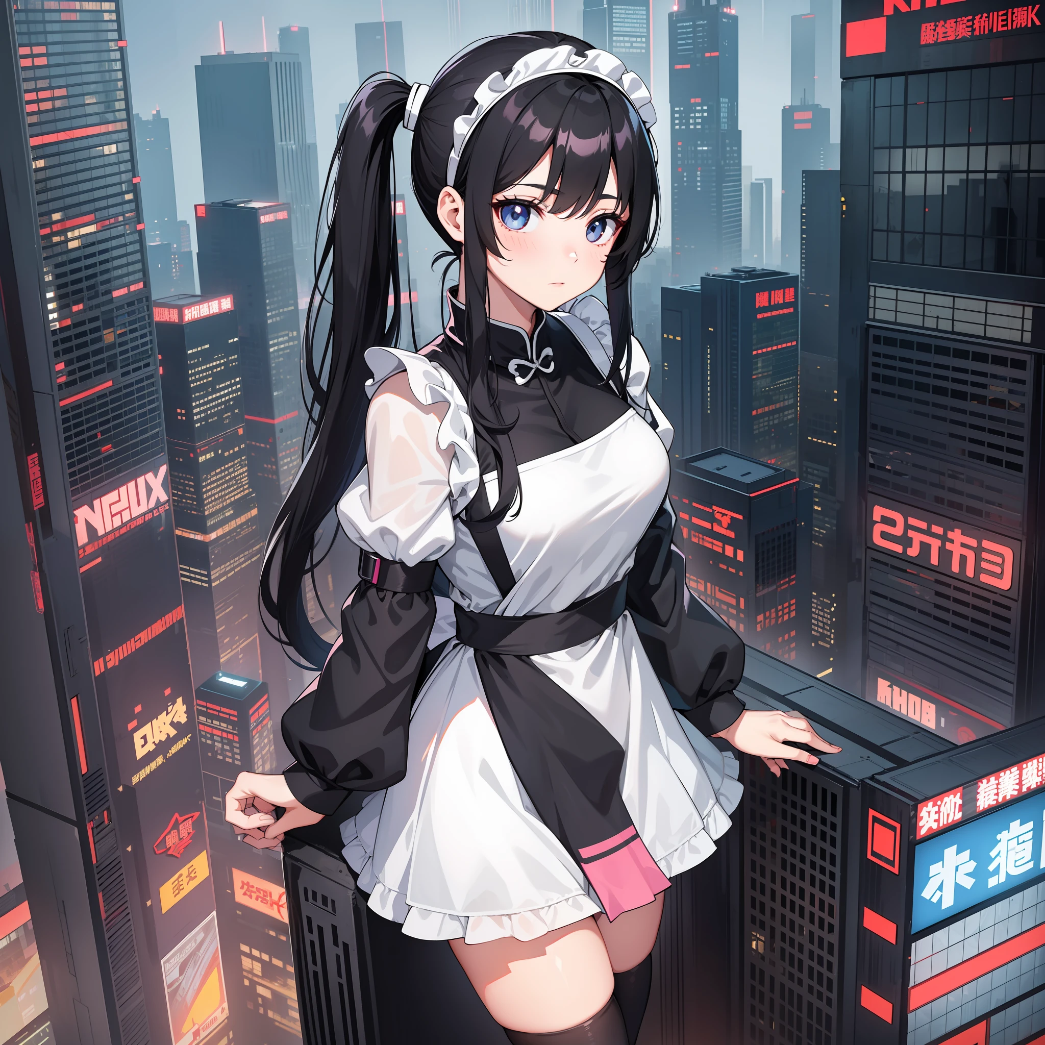 Adult female, wear maid dress, long socks, perfect face, beautiful eyes, black Hair in two pigtails, standing On top of the building, Night in cyberpunk city Chinese version with lights, Wearing a headband, black eyes