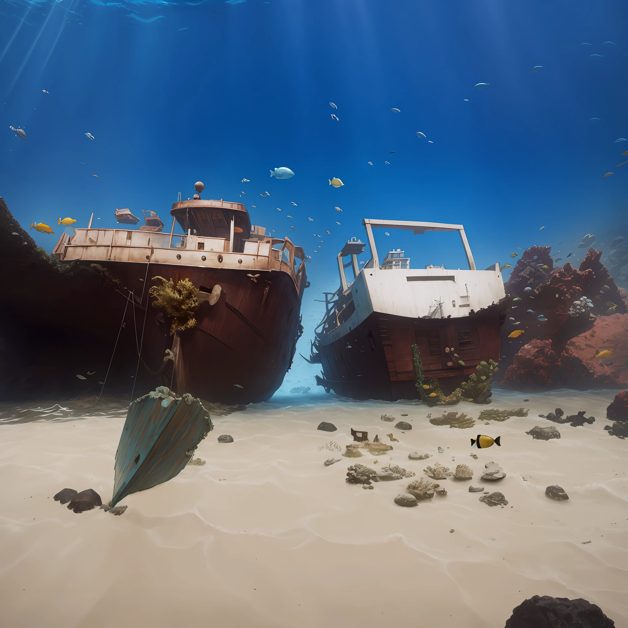 Dark environment, low light, rays of god, Shipwreck hyper detailed fantasy world 8k, underwater, seabed, professional photography