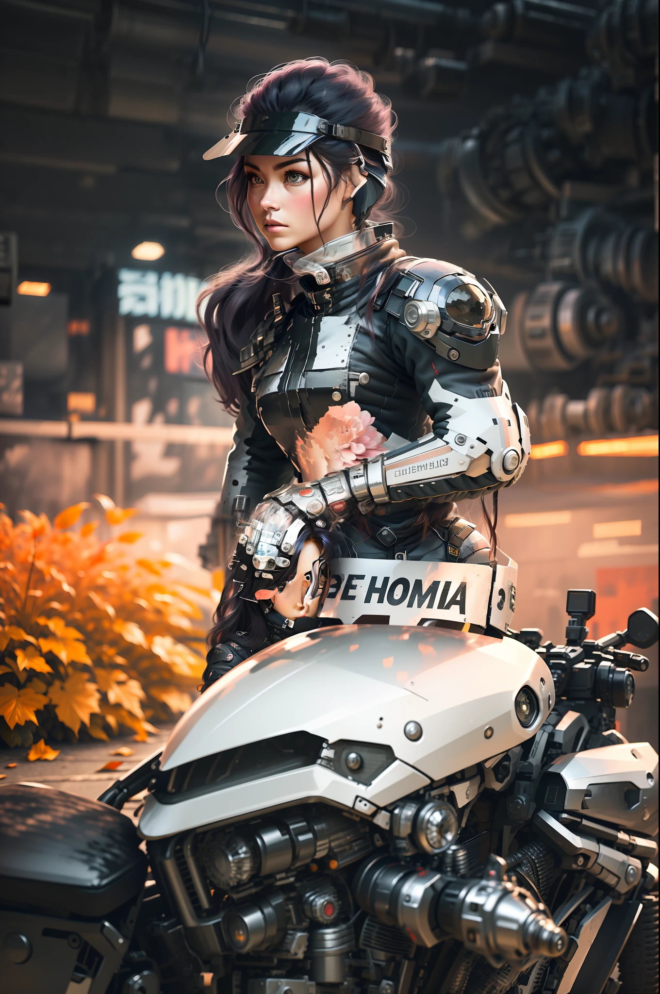 there is a woman standing next to a motorcycle on the street, picture of a female biker, by Emma Andijewska, riding a motorcycle, inspired by Hiroshi Honda, holding helmet, sitting on a motorcycle, taken with canon eos 5 d mark iv, 🚿🗝📝, 🤬 🤮 💕 🎀, taken with sony alpha 9