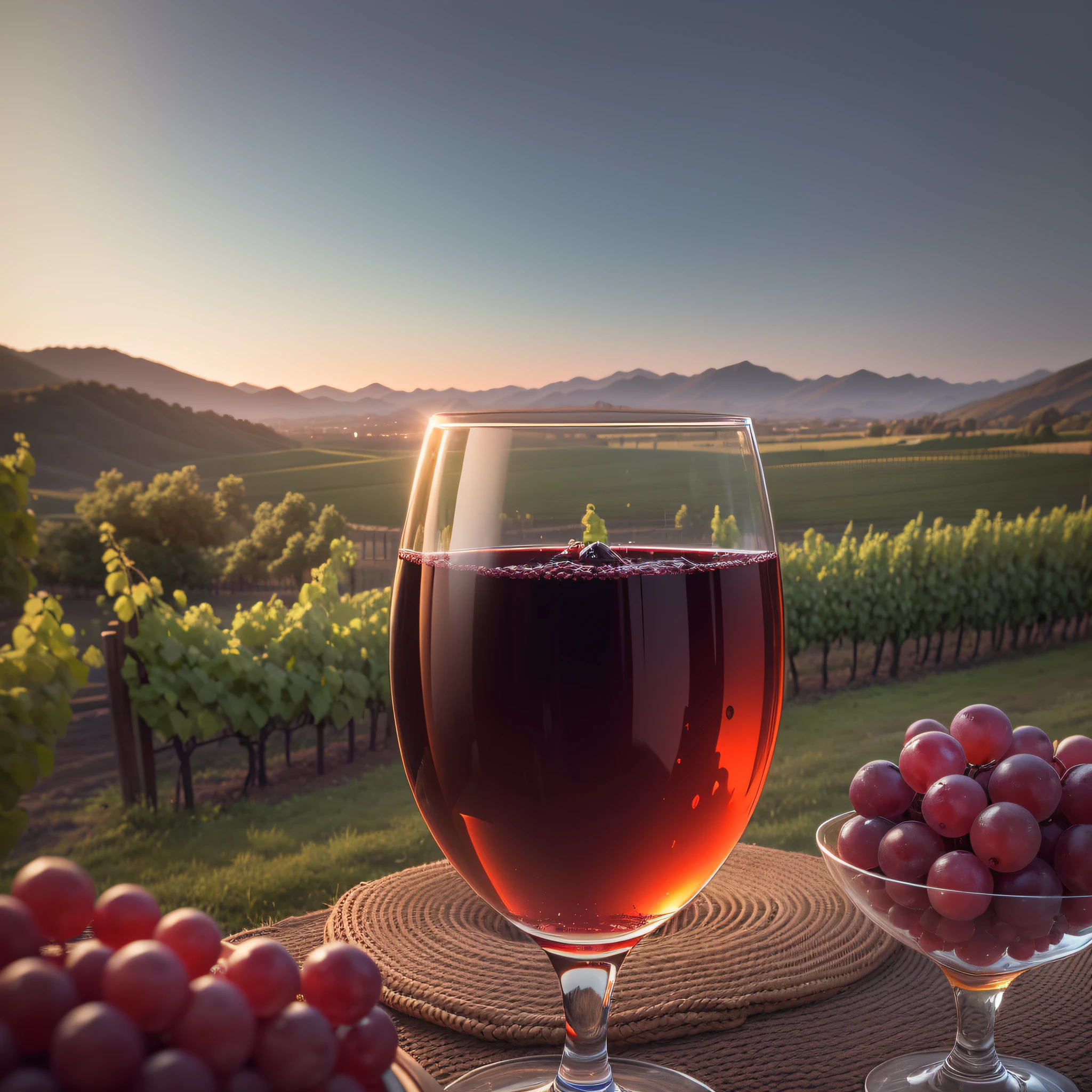 (8k, RAW photos, top quality, masterpiece: 1.2), (realistic, photorealistic: 1.37), 1 crystal glass with red wine, the glass is next to a vineyard, in the defunct the globe. --auto --s2