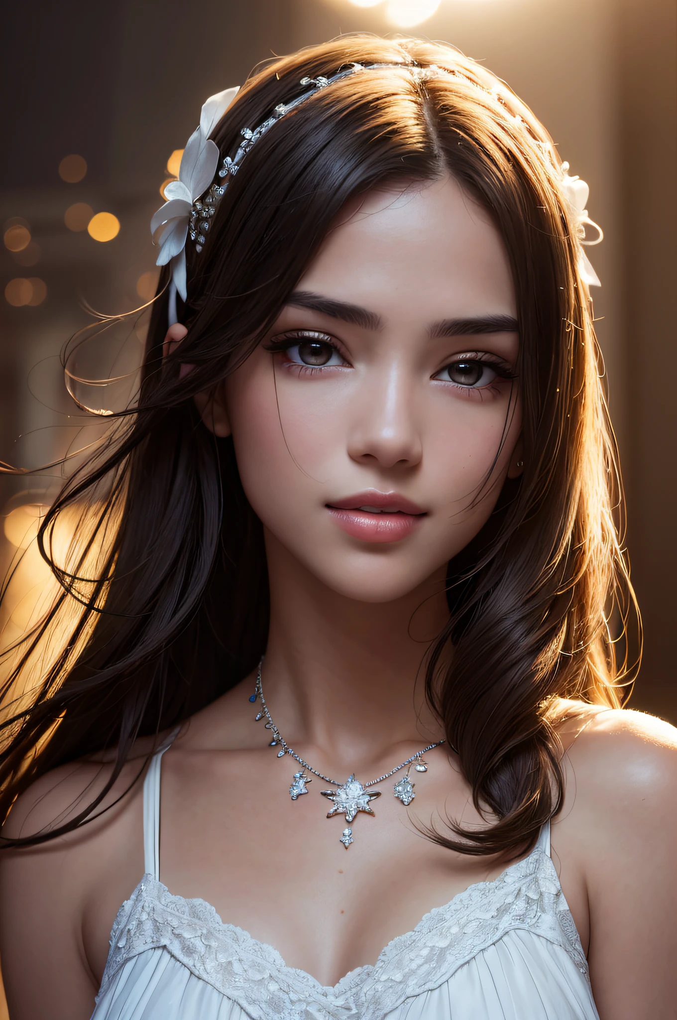 best quality, masterpiece, high resolution, 1girl brazilian, light skin, porcelain dress, hair accessories, necklace, jewelry, beautiful face, physically, Tyndall effect, realistic, dark studio, rim lighting, duotone lighting, (high detail skin: 1.2), 8k uhd, dslr, soft light, high quality, volume light, candid, photo, high resolution, 4k, 8k, bokeh