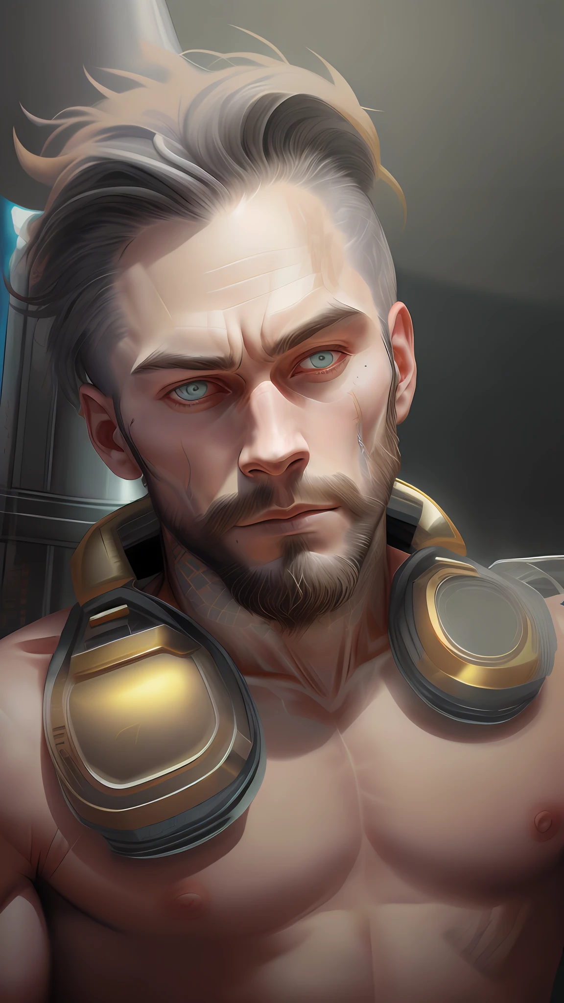 A Nordic Viking man with big hair, Viking haircut, with Nordic tattoos in the range of 27 years old, barbaric muscular stereotype, with horns (part with axe on his back and wolf skin, fighting, dark glowing neon eyes, Nordic hair with demonic horns, tight torn supersuit, in a destroyed Nordic city, smoke and fire,  Aura of brilliant power, dynamic pose, dynamic vision, hyper detailed, 8K quality, with tattoos, Nordic symbols on the headset, merge, hyper realism, ultra realism, with thorns coat of arms viking.Com gray goatee and gray hair, blood dripping on the axe. Bright neo, neo lights on the phone, Aztec symbols