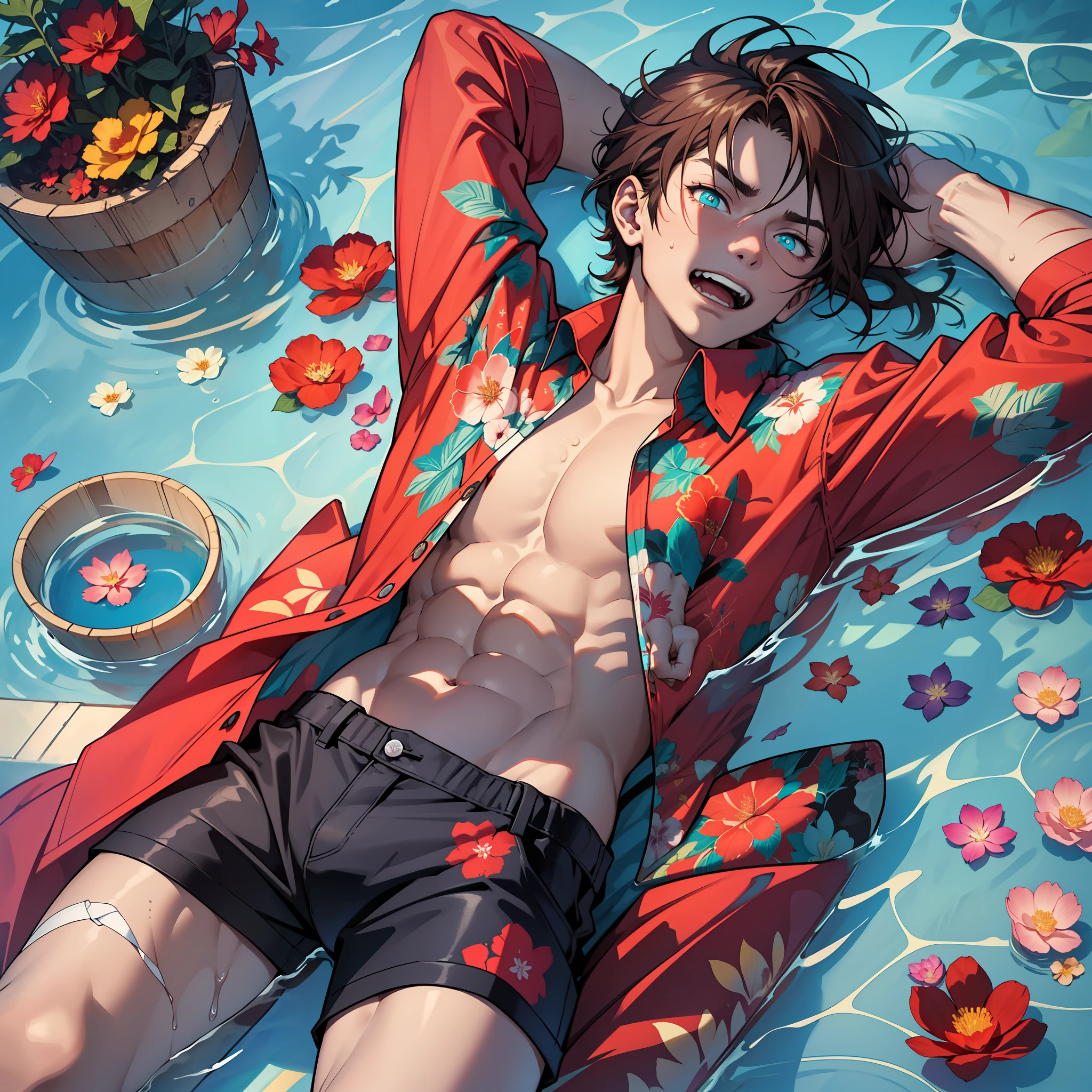 Night, colorful, neon lights hitting the body, a thin ager in a red flower shirt lying flat on a huge swimming ring, with a lot of fruit placed next to him, cyan eyes, college student, lying flat on an air cushion, reddish-brown hair, short hair, dark red flower shirt clothes open, translucent beach pants, legs open, from above, projected inset, fangs, bandage on, scar across eye, streaked hair,, lying flat all over, eyes open, floating on the pool, backlit, shut up, soda in hand, floating in the middle of the pool, character centered, Red floral shirt, star-shaped pupils, from above, projected inset, cyan eyes