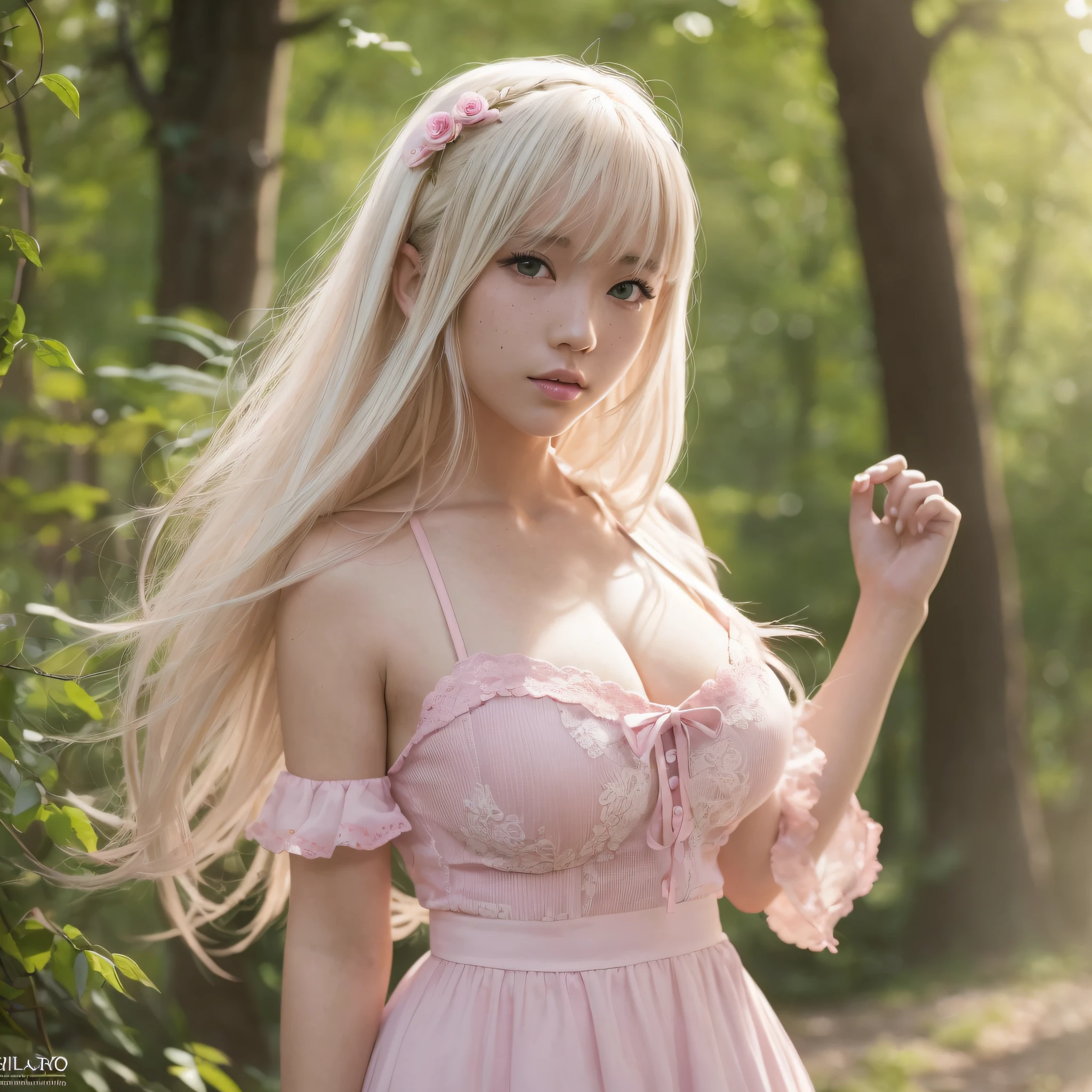 ((1 solo girl)), (((full body photo)))), ((realistic soft lighting)), ((realistic)), (beautiful face:1.1), long straight platinum blonde hair with bangs, detailed eyes, lush lips, 22 years, (sexy attractive figure), (large breasts), (neckline), (tight abs), (thick hips) 4K, HDR, DSLR photoshoot, professional photography, detailed texture, pink lipstick, pink nails, light green eyes, freckle on face, Japanese girl, ta, pink loliutfit and bramco, on the high hill with beautiful trees and flowers, open sky with sun, by day --auto --s2