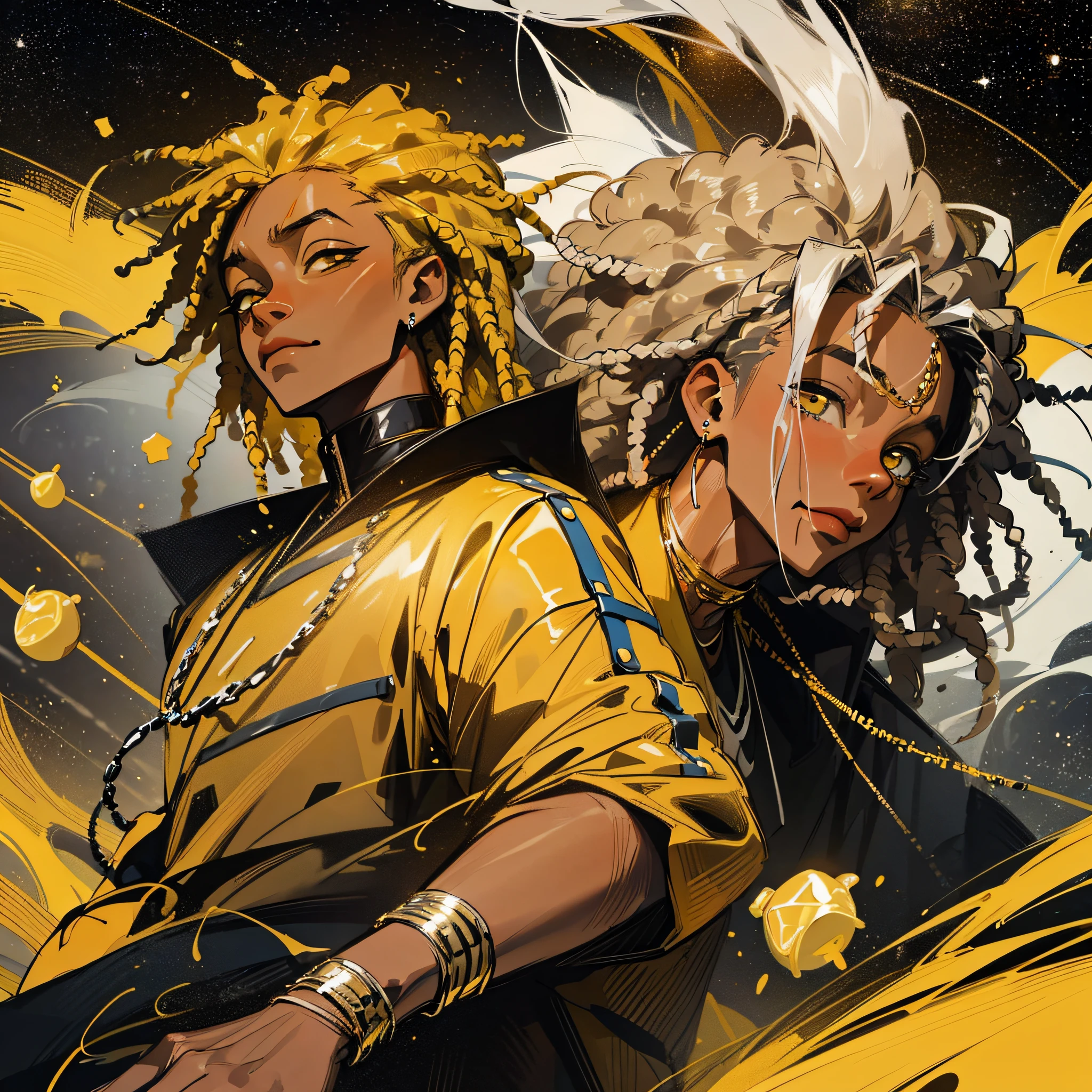 (Improve Image) (Best Quality) Art in the style of Juice Wrld Black man with short Dreads hair and with the color of the Dreads in half yellow and half black landscape floating in space with jewelry and designer clothes bracelets studded in silver and gold image in anime style one piece