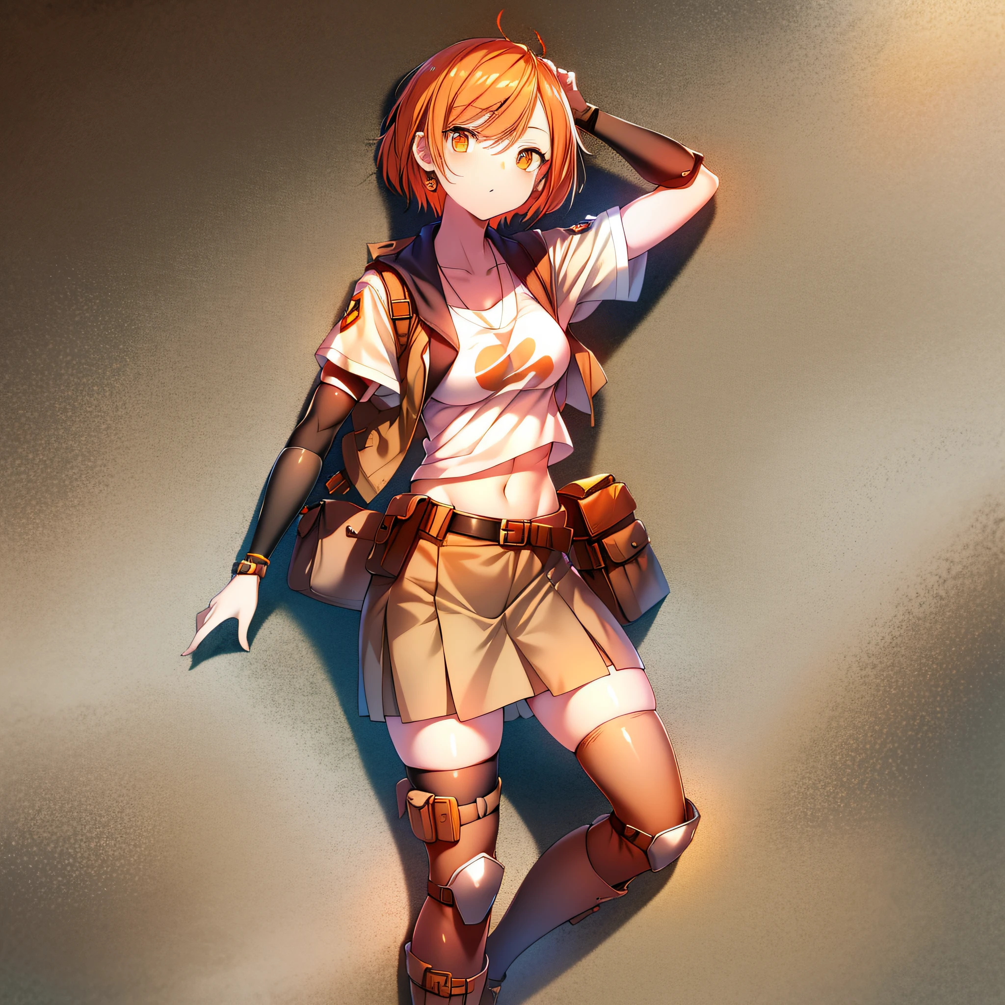 orange eyes light,richly faded light orange hair, anime 1girl, khaki t-shirt, khaki skirt, brown military boots, pouch on the waist belt, khaki bikini, "black tights", "dark_orange knee pad on right leg",