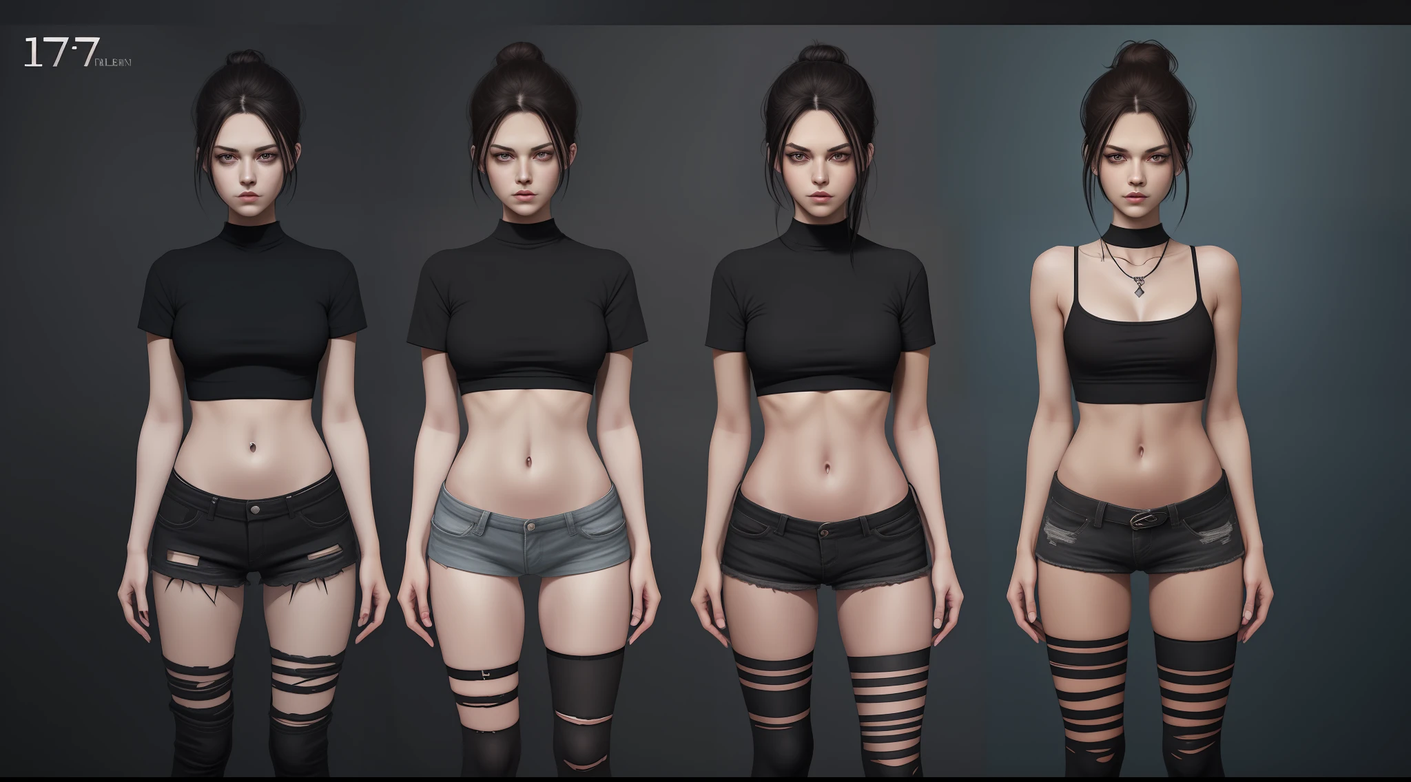 Full body female character -17 years, dark brown hair, low bun stripped,light eyes,gorgeous face, casual black shirt stripped, grunge fashion, grunge aesthetic!!!, girlsexy, short shorrt black gothic- fullbody reference sheet, character sheet, character model, detailed 8K,equal references, equal models