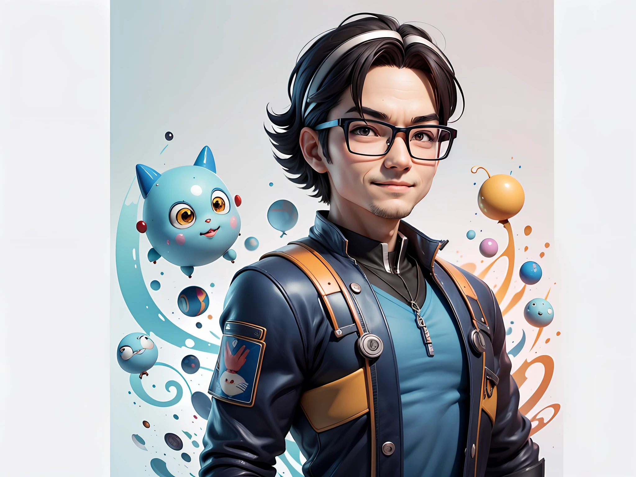 Masterpiece), (Excellent), (Super Meticulous), (Full Body: 1.2), Super Young Woman, Beautiful, Sexy, Bursting, Oriental Face, TV Anchor, Bust Portrait Illustration, Alone, Black Suit, Blue Tie, Silver Glasses, Slightly Chubby Face, Very Clean Face, No Beard, Black Super Short Hair, Black Eyes, Confident Smile, 3c Computer Sub-Products, iPad, iPhone, Digital Painting, 3D Character Design by Akira Toriyama with Mark Claireden and Pixar and Hayao Miyazaki, The illustration is a high-definition illustration in 4K resolution with very detailed facial features and cartoon-style visuals.