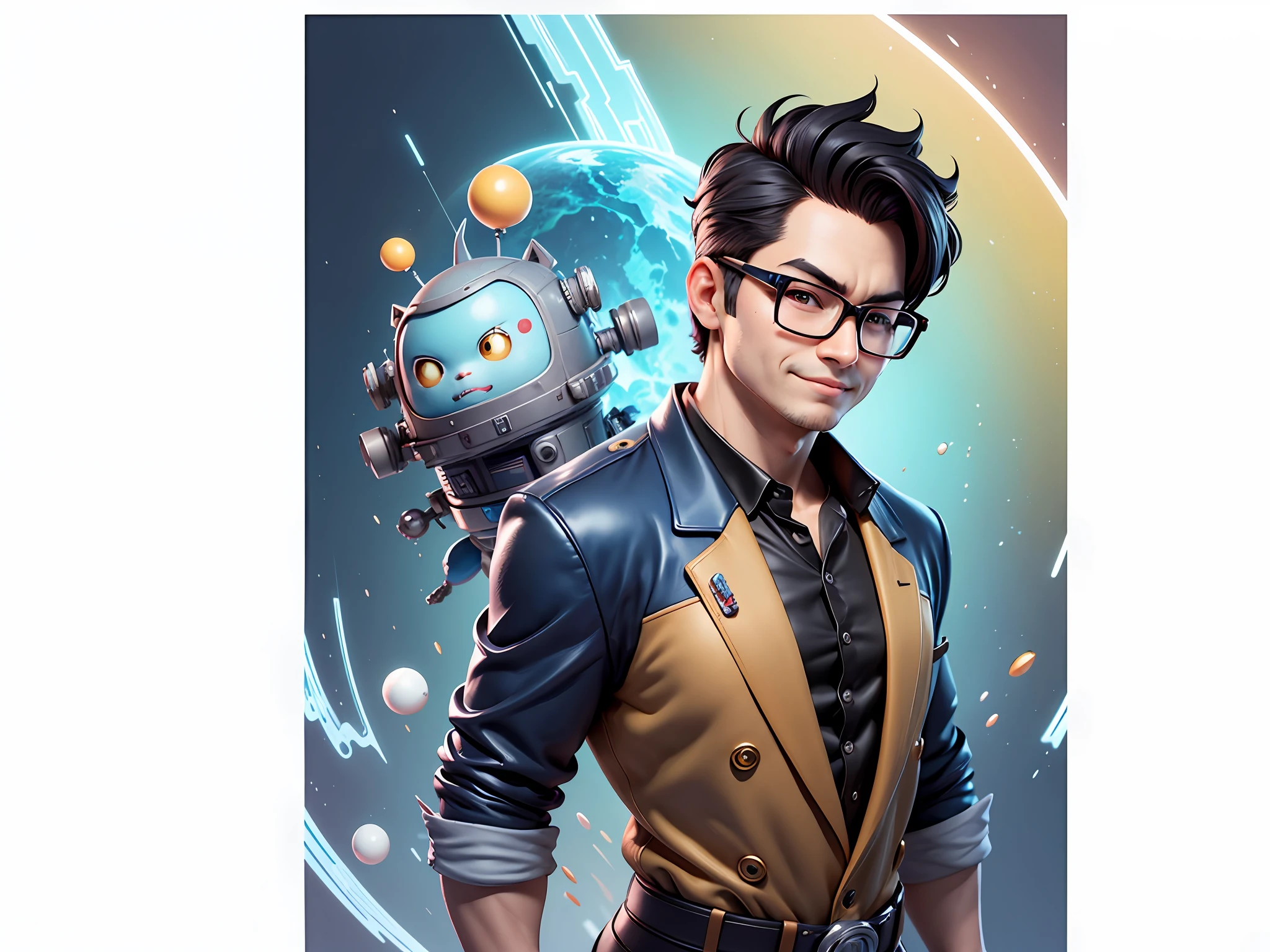 Masterpiece), (Excellent), (Super Meticulous), (Full Body: 1.2), Super Young Woman, Beautiful, Sexy, Bursting, Oriental Face, TV Anchor, Bust Portrait Illustration, Alone, Black Suit, Blue Tie, Silver Glasses, Slightly Chubby Face, Very Clean Face, No Beard, Black Super Short Hair, Black Eyes, Confident Smile, 3c Computer Sub-Products, iPad, iPhone, Digital Painting, 3D Character Design by Akira Toriyama with Mark Claireden and Pixar and Hayao Miyazaki, The illustration is a high-definition illustration in 4K resolution with very detailed facial features and cartoon-style visuals.