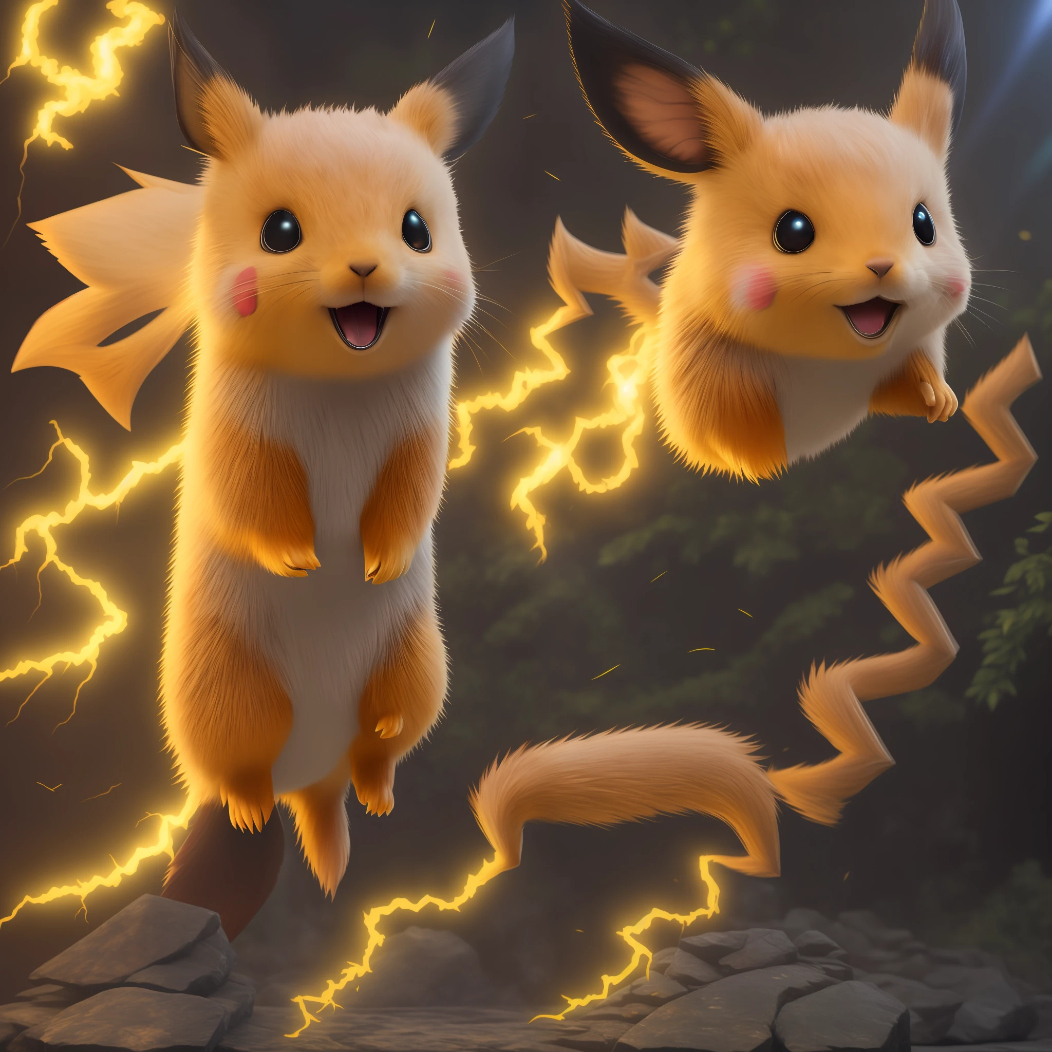 Photorealist, giant rodent (yellow tail with black tip), pokemon, with lightning coming from cheeks, full body, 8k
lighting, heavy shadows, detailed and detailed face, (vibrant,
photo realistic, realistic, dramatic, dark, sharp focus, 8k),