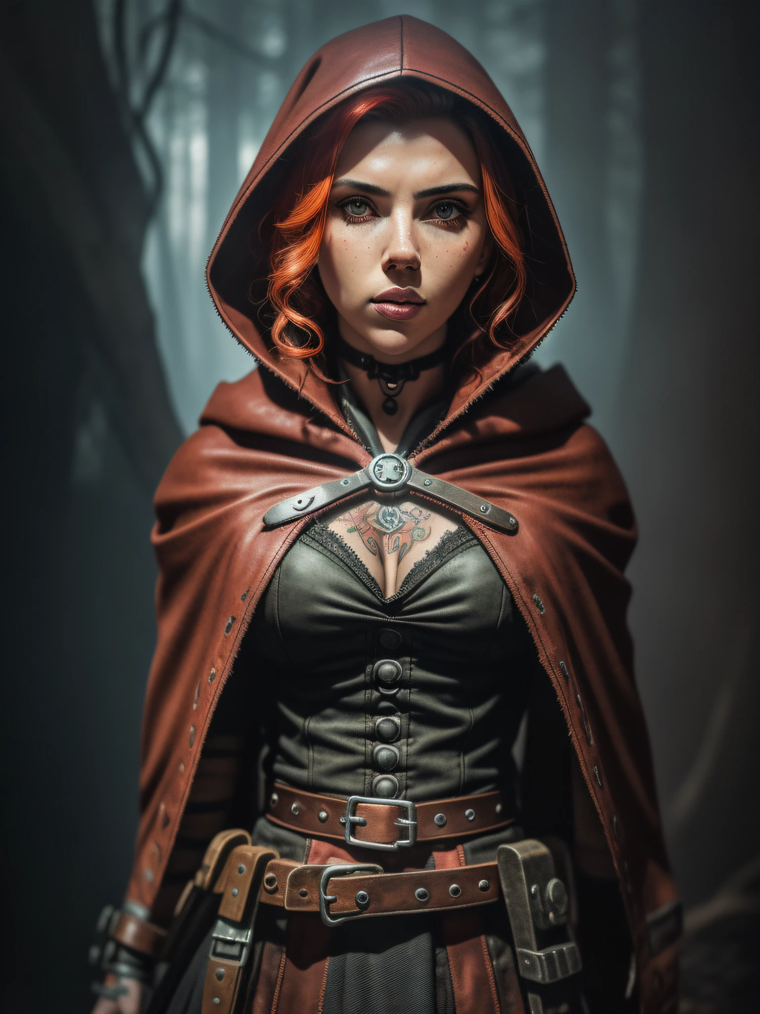 scarlett johansson abstract colors, texture, film grain, skin pores, dusty atmospheric mist:0.1 samdoesart+, intricate hasselblad dslr RAW dramatic full-body portrait photo of (Little Red Riding Hood as a badassed cyborg ninja assassin)1.2, long red cloak, (tattooed)1.3 gothic, small hourglass figure, (freckles)1, brave industrial epic steampunk machete gun bandolier leather, Steel Wool Fire (Sparks)1.3, NoFilter Eye Contact Selfie, (Backlit)1.3 (Neon Lights).7, (Film Grain)1.3, Dark and Cloudy Woods