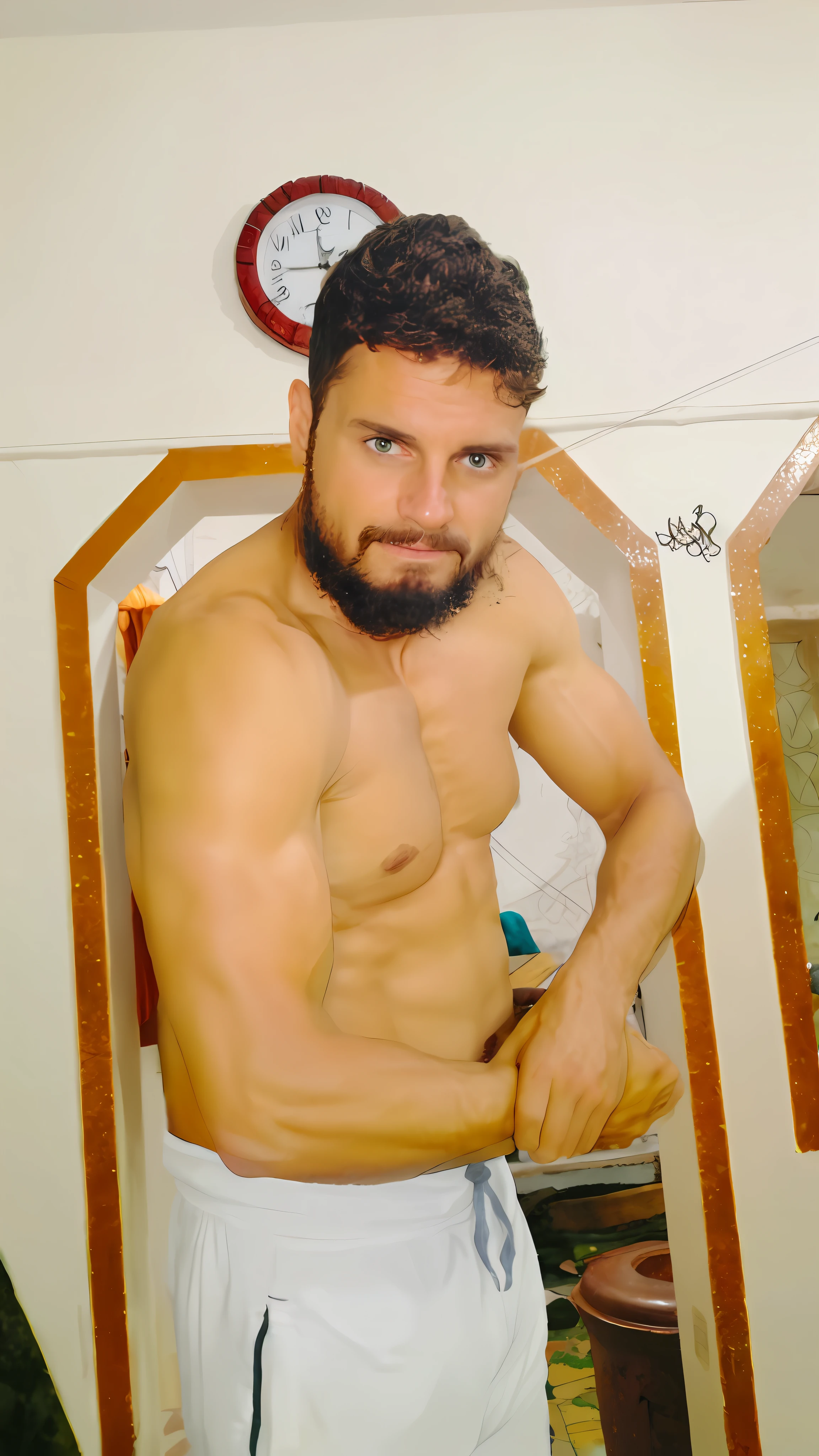 masterpiece, detailed, intricate, epic fantasy, colorful, big biceps,6pack abs, slight angle, hulking, muscular, ankle wraps, very hairy chest, revealing skimpy outfit, receding hairline, smirk, mercenary, blades, great ancient city gates, pointing away, depth of field, particle effects, high quality shadows